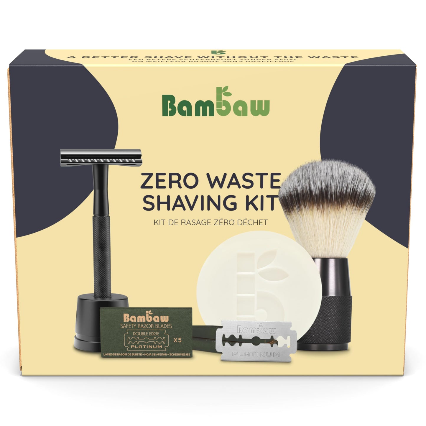 Bambaw - Men's shaving set includes: 1 black safety razor with stand, 15 double-edged razor blades, 1 unscented shaving soap, & 1 black shaving brush. Gifts for men.