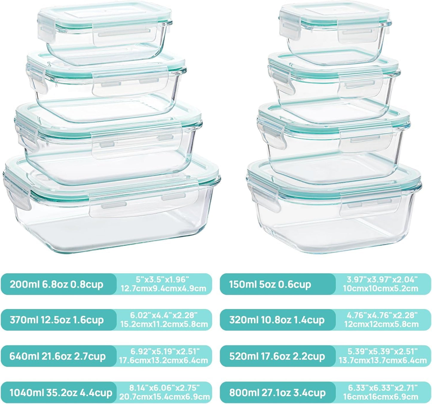 Vtopmart 8 Pack Glass Containers with Lids, Glass Food Storage Containers with Lids, Meal Prep Boxes for Food, Microwave Safe, BPA-Free (Green)
