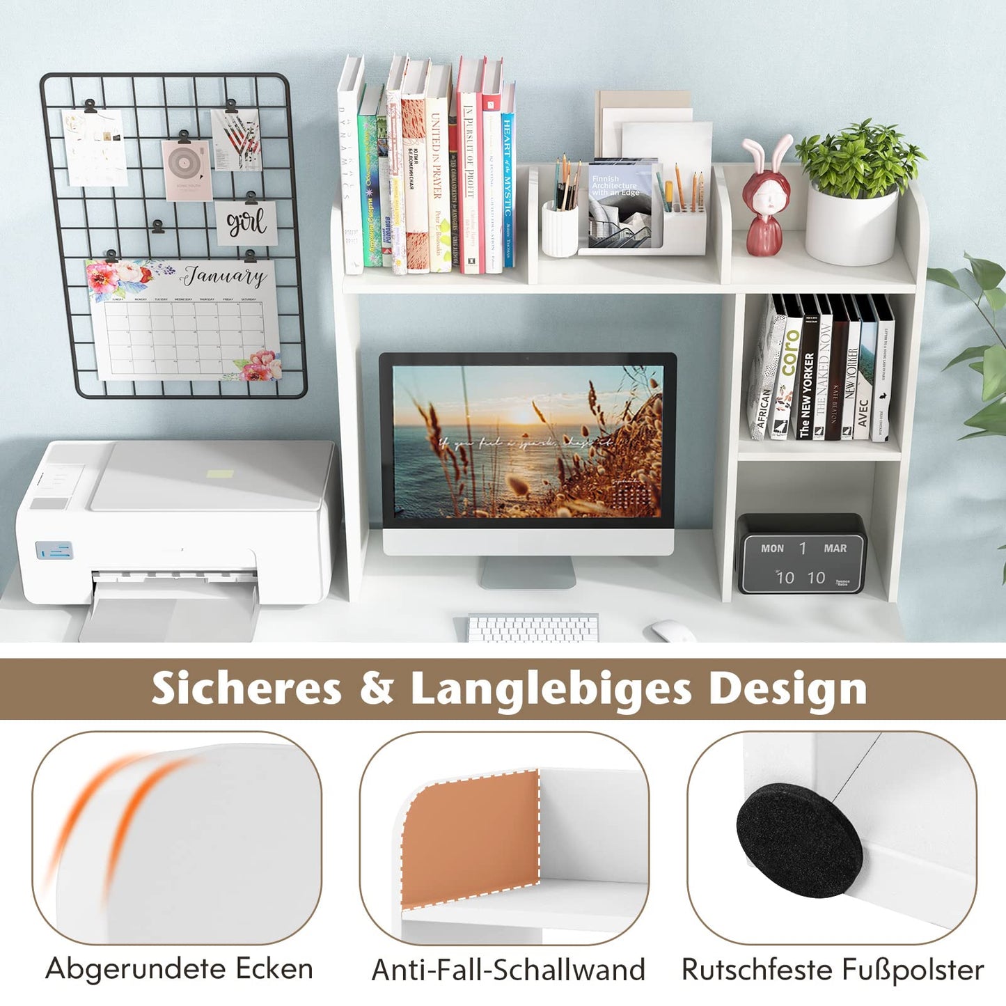 COSTWAY Desk Shelf, Table Shelf with 4 Shelves and Open Compartment, Storage System, Multi-Purpose Desk Organizer for Desk, 94 x 25 x 74 cm (White)