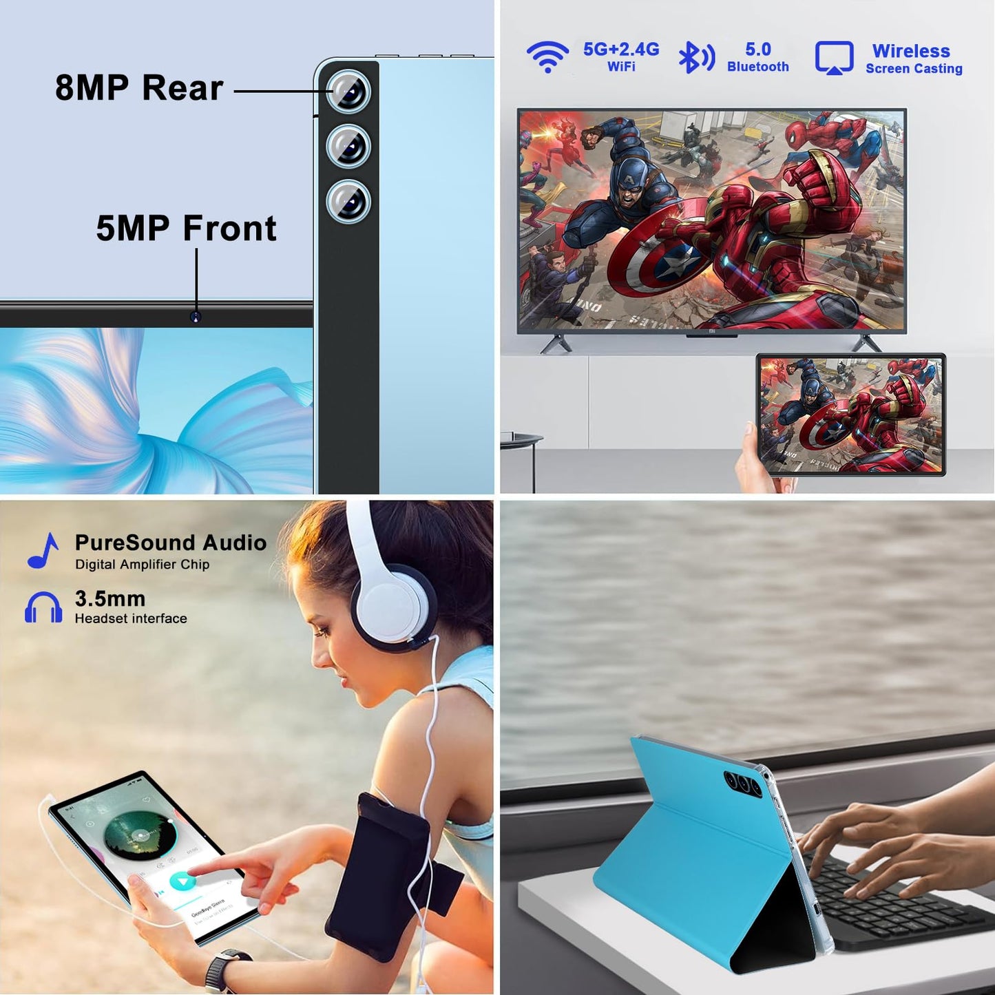 ZIOVO 10-inch Android 14 Tablet PC with 2GB RAM+128GB ROM(1TB TF), Widevine L1, 5G WiFi, Octa-Core 2.0GHz, 8000mAh battery, 5+8MP cameras, BT 5.0, AGPS, metal housing. Comes with keyboard and mouse - Blue.