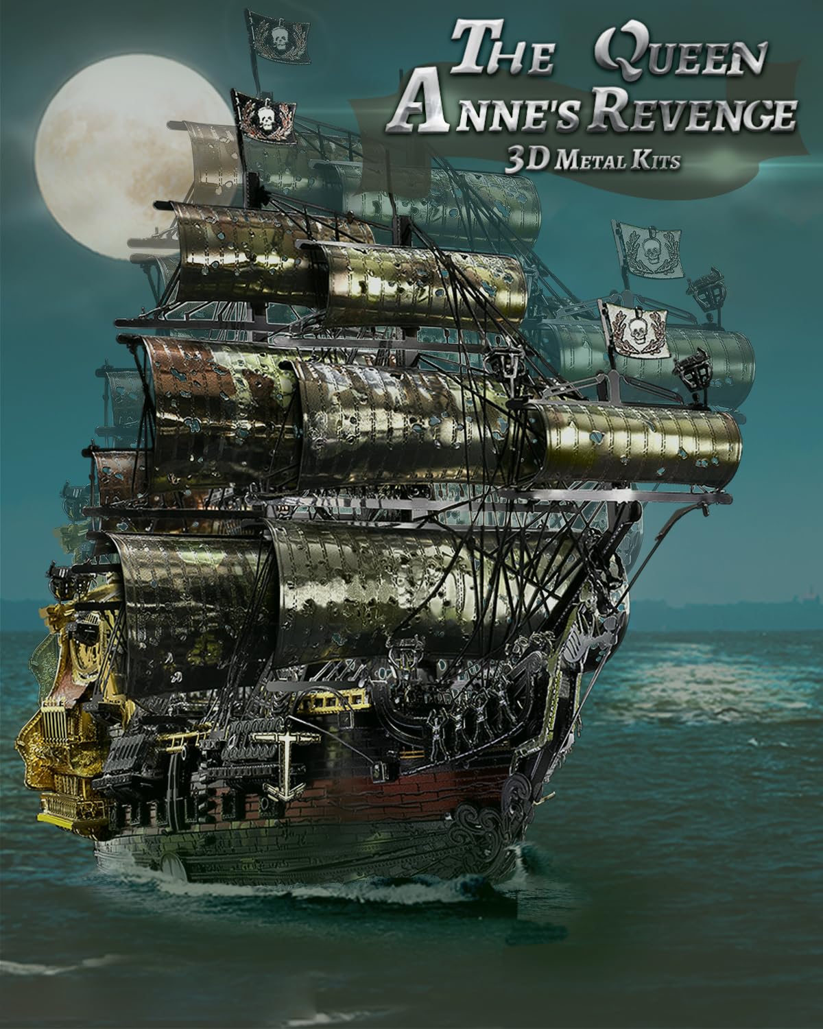 Piececool 3D Metal Puzzle Pirate Ship Queen Anne's Revenge, 3D Metal Puzzle Sailboat Ship Set, Model Ship for 340 stainless steel, Birthday Gift, Model Building Kit for Adults, 439 Pieces