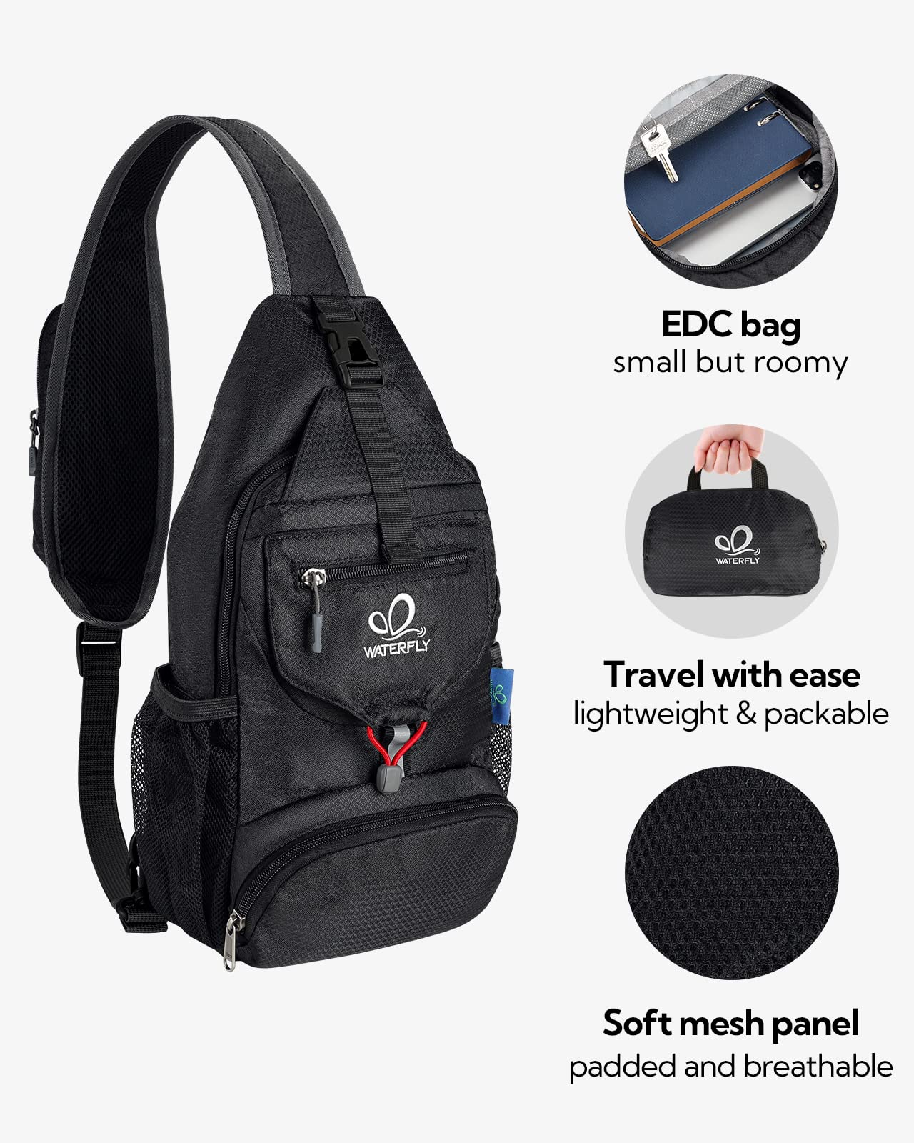 WATERFLY Chest Bag Sling Bag Small: Foldable Crossbody Bodybag Crossbag Slingbag Crossover Single Chest Backpack Shoulder Bag Shoulder Backpack Cross Body Men Women Travel Hiking