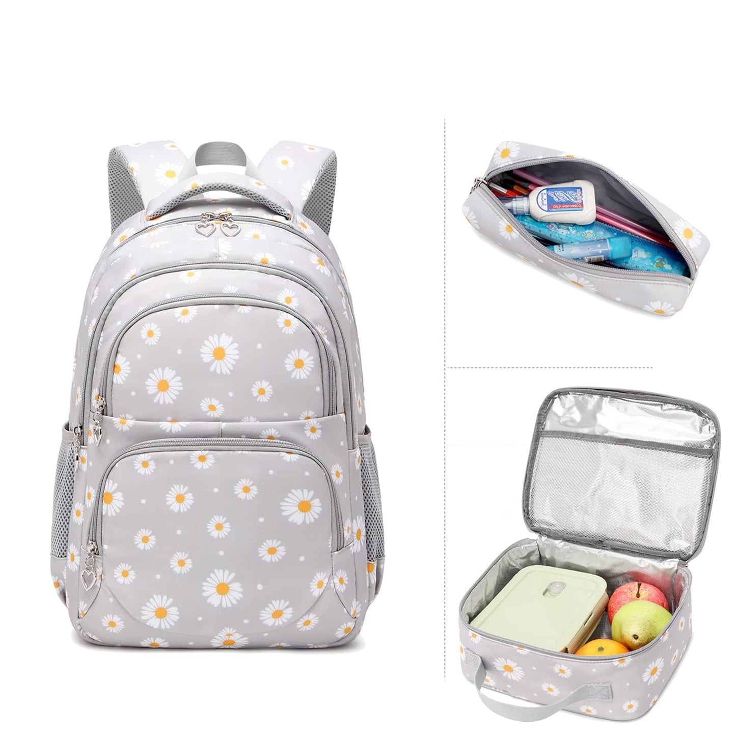 SIVENKE school backpack for girls, teenagers, and women. Daisy design set includes backpack, lunch bag, and pencil case for school and leisure.