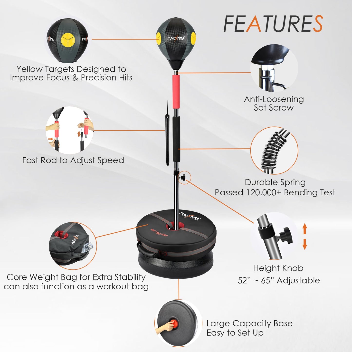 MaxxMMA Advanced adjustable speed punching bag with stand, Cobra reflex training bag, height adjustable, includes 2 balls, speed control bar, boxing gloves.