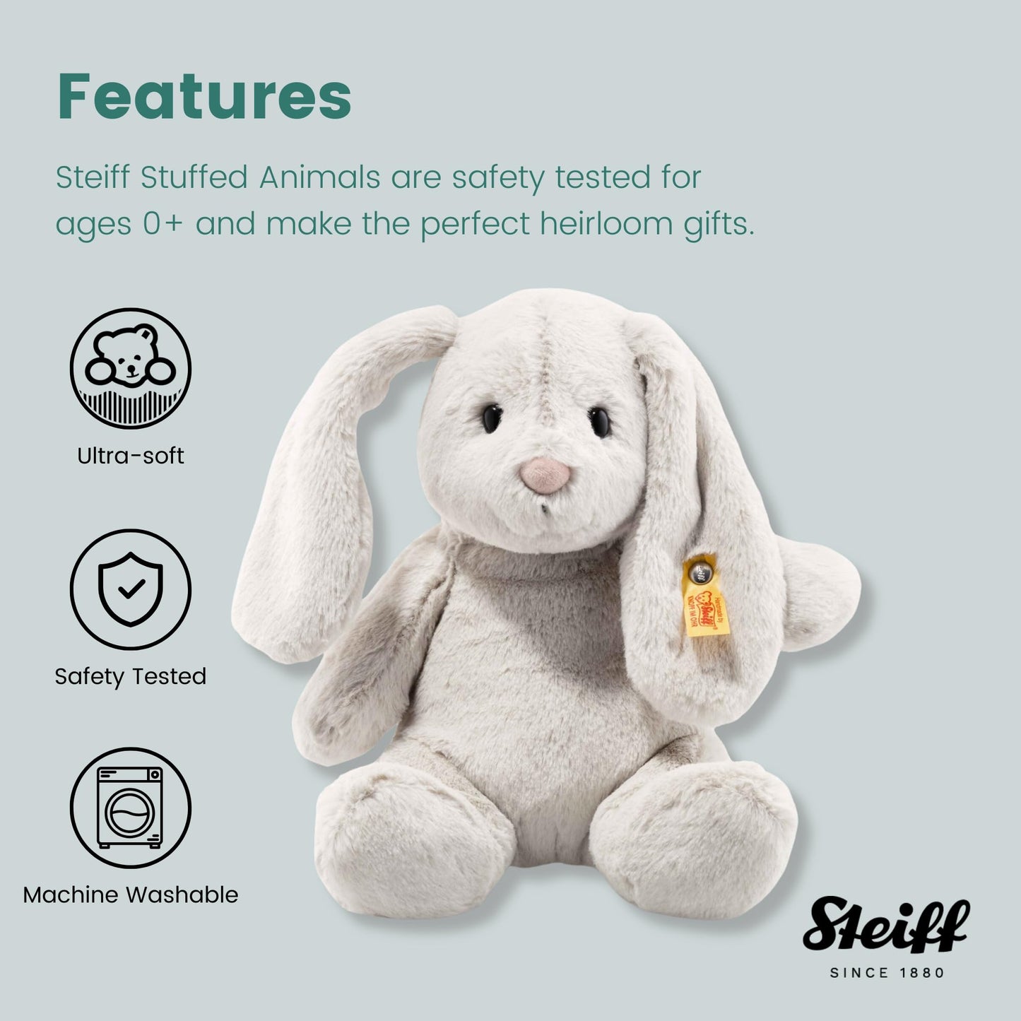 Steiff Hoppie Hare with Floppy Ears 28 cm light grey, plush toy, Soft Cuddly Friends, fluffy stuffed animal for cuddling and playing, cuddly toy for girls and boys, machine washable