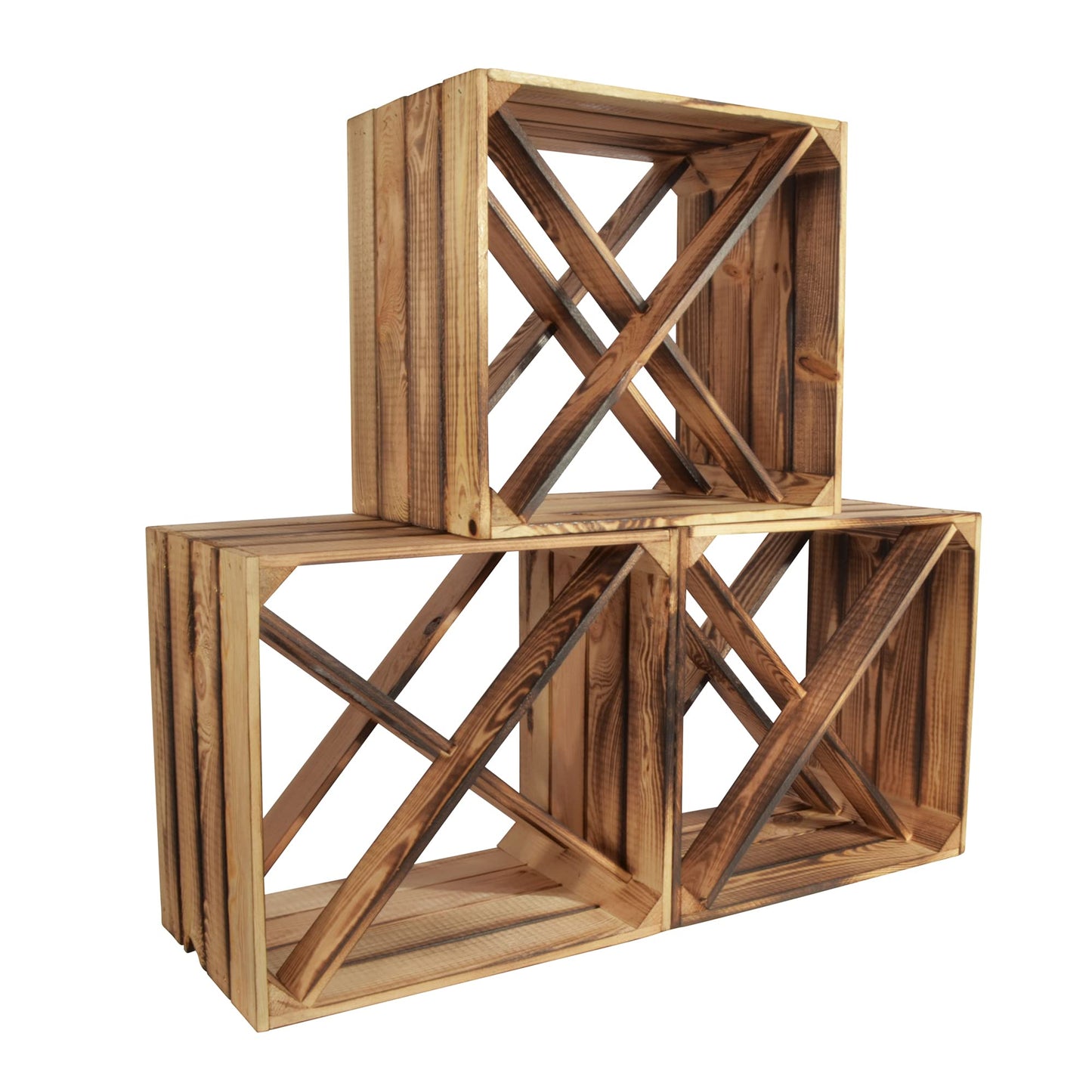 CHICCIE 3 piece wine rack Wino made of wood - Flamed X shelf wooden crate