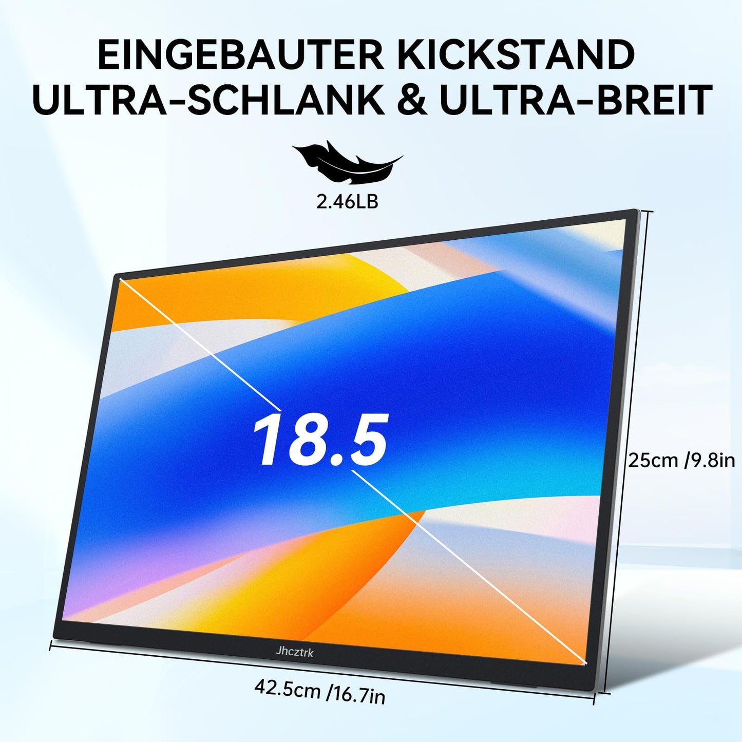 Jhcztrk 18.5 inch portable monitor 120Hz FHD 1080P HDMI USB-C, 100% sRGB, HDR gaming monitor. Built-in speakers, kickstand, and VESA travel. Ideal second screen for laptop, Mac, PC, Xbox, PS4/5, Switch.