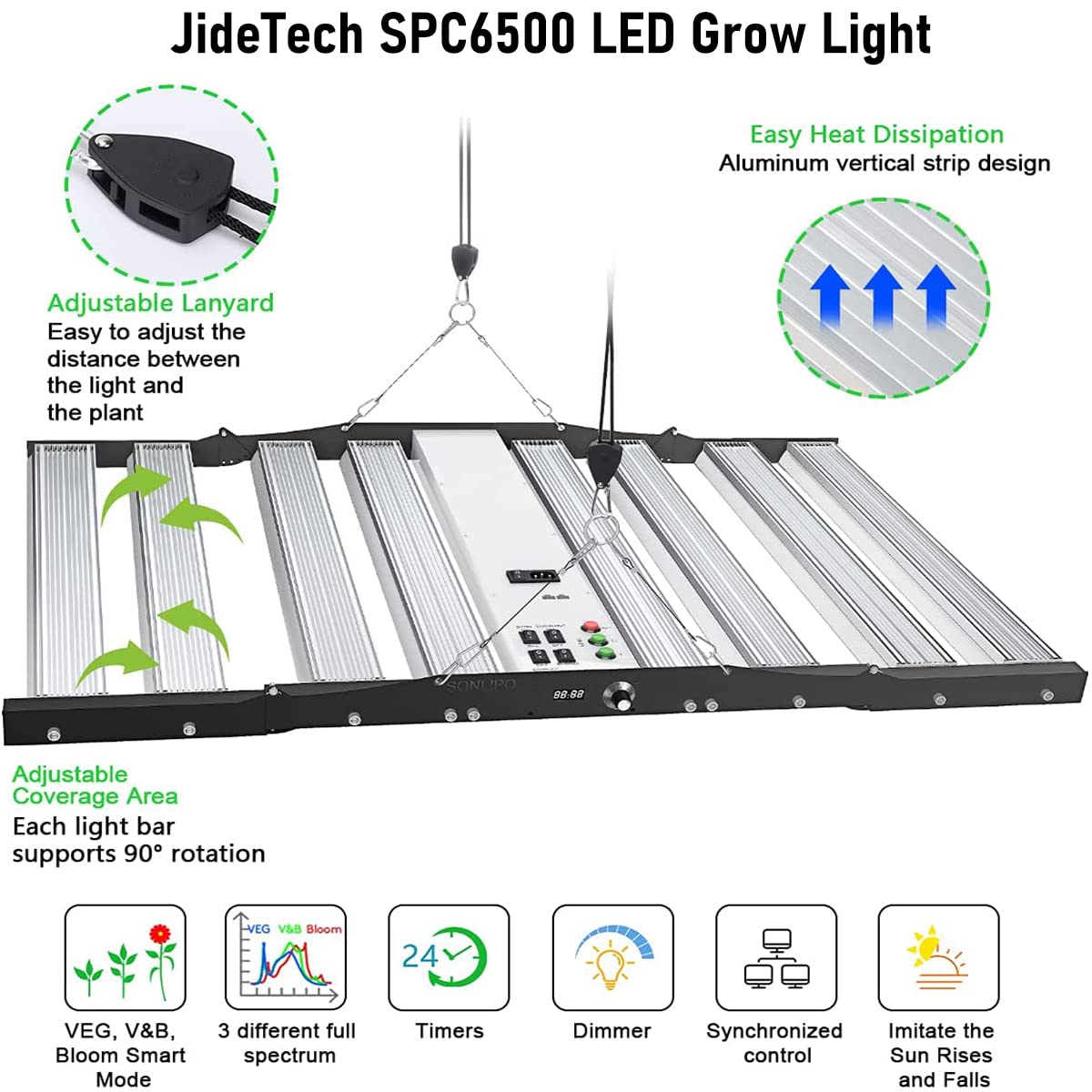 JideTech SPC6500 Plant Lamp LED Full Spectrum Grow Light 650W, 1.8x1.8m Coverage, with 2928 Samsung Diodes, Growth Lights for Plants, LED Grow Light for Indoor Plants, Vegetables, Seedlings, and Flowers.