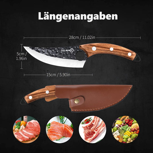 TELANX 6-inch Japanese Kitchen Knife Forged - Professional kitchen knife with leather cover, finger hole & wooden handle, sharp chef's knife for meat, vegetables & grill.