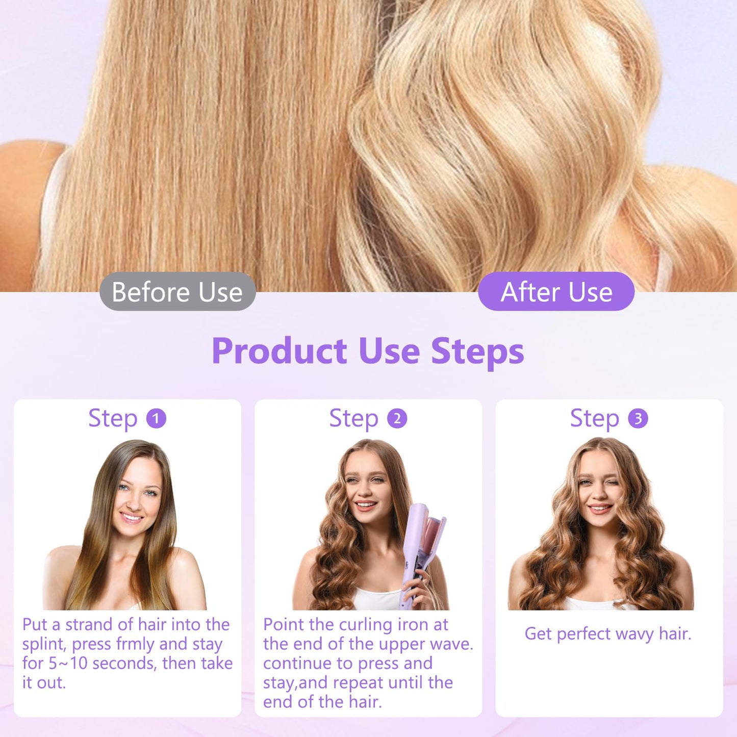 LIROPAU Curling Iron Large Waves, French Wave Curling Iron, 32mm for French Egg Rolls, Wave Iron rods with Adjustable Temperature 30S Swift Heating (Purple)