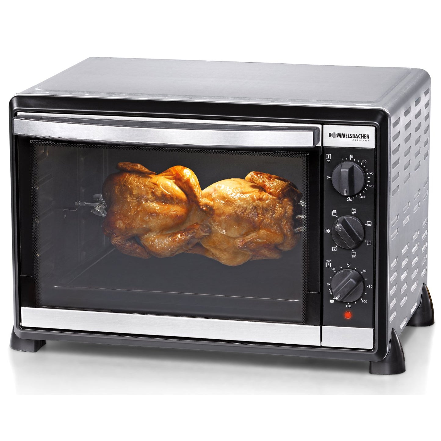 ROMMELSBACHER Back & Grill Oven BG 1805/E - 42 liter capacity, 7 heating modes, convection, rotisserie, temperature range of 80-230 °C, double glazed door, interior lighting, timer, 1800 W, stainless steel.