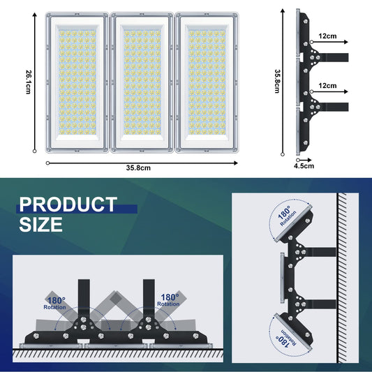 YIQIBRO 300W LED Floodlights Outdoor 2 Pack, 30000LM Super Bright Exterior Floodlights, Waterproof IP67 Outdoor Spotlights, 6500K Cool White LED Floodlights 85-265V for Garden, Garage, Factory, Sports Field.