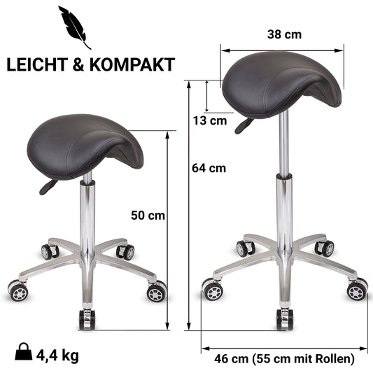 Staboos rolling stool up to 160 kg - saddle seat with gel cushion - practical stool with wheels - swivel stool adjustable in height (50 cm to 65 cm) saddle stool