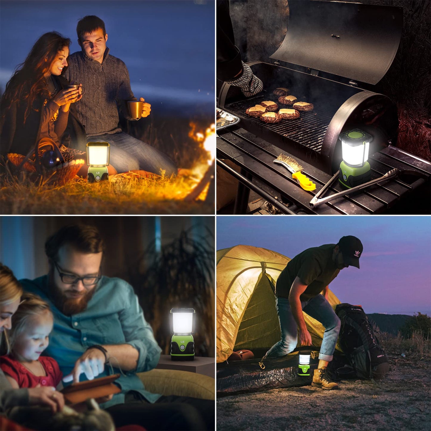 The LE LED camping lantern, ultra bright with 1000 lumens, 3 adjustable brightness levels, battery-powered emergency light for power outages, camping, emergencies, and more.