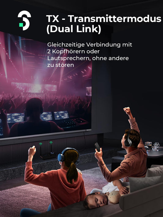 SOOMFON Bluetooth 5.3 transmitter receiver for 2 headphones, 3-in-1 BT audio adapter with dual antenna, Bluetooth transmitter receiver for TV/stereo system, with volume control, aux/RCA/optical.