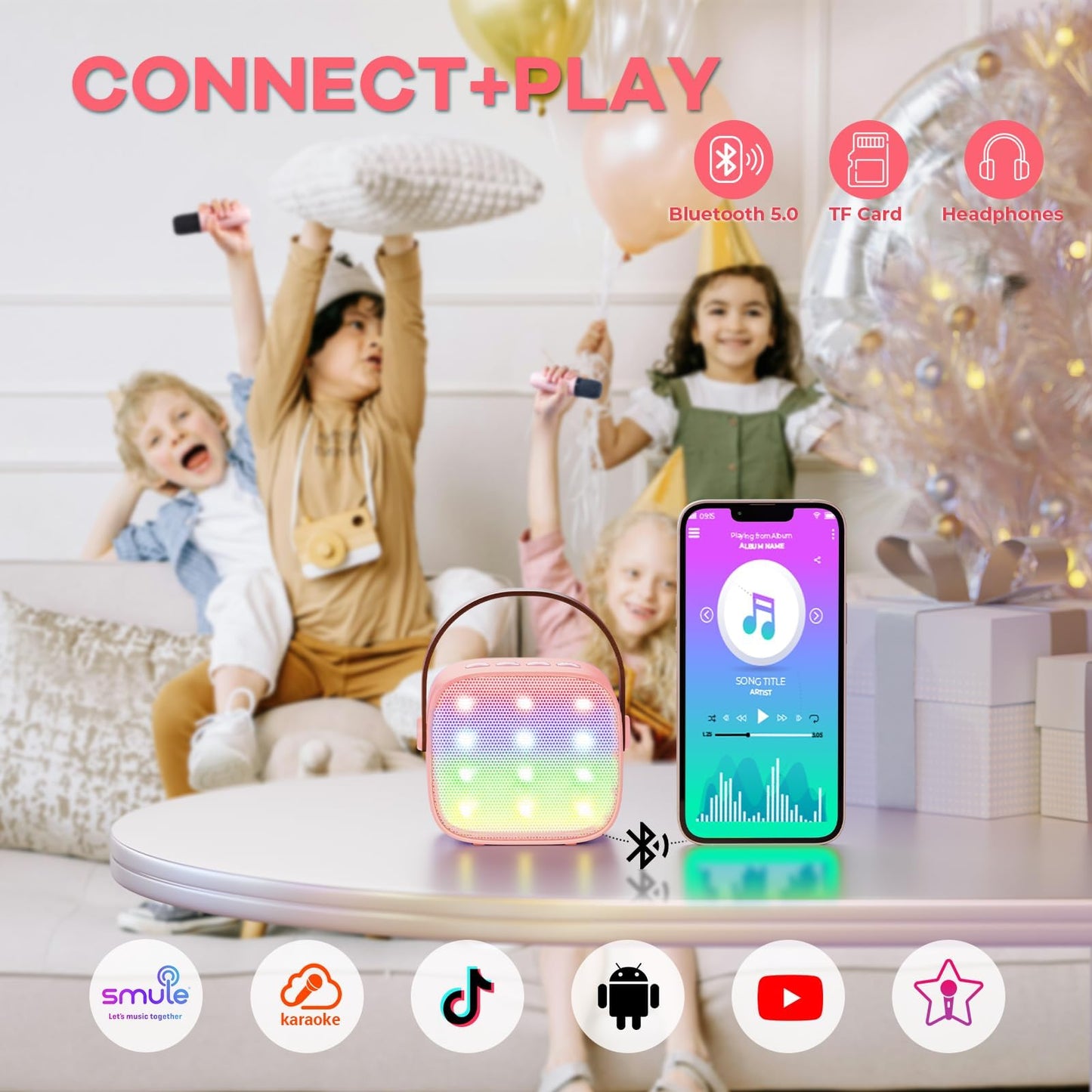 DiliDala Karaoke machine with 2 wireless microphones, Bluetooth speaker with light effects. Portable Bluetooth Karaoke machine for adults with voice changing effects for kids.