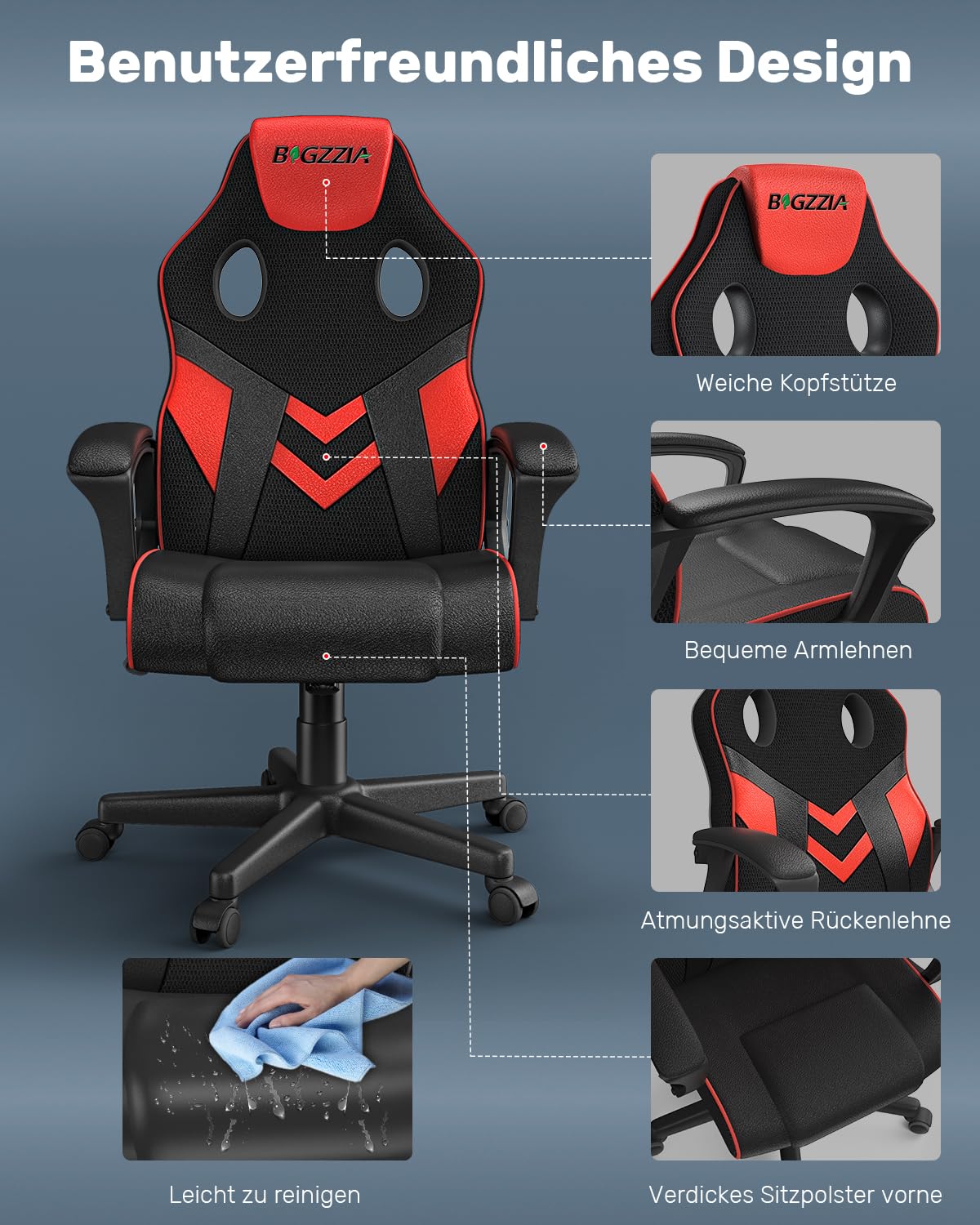 bigzzia Gaming Chair Computer Chair Ergonomic - Gamer Chair Office Chair with Height Adjustment Rocking Function Fixed Armrest for Adult Young Girls, Red