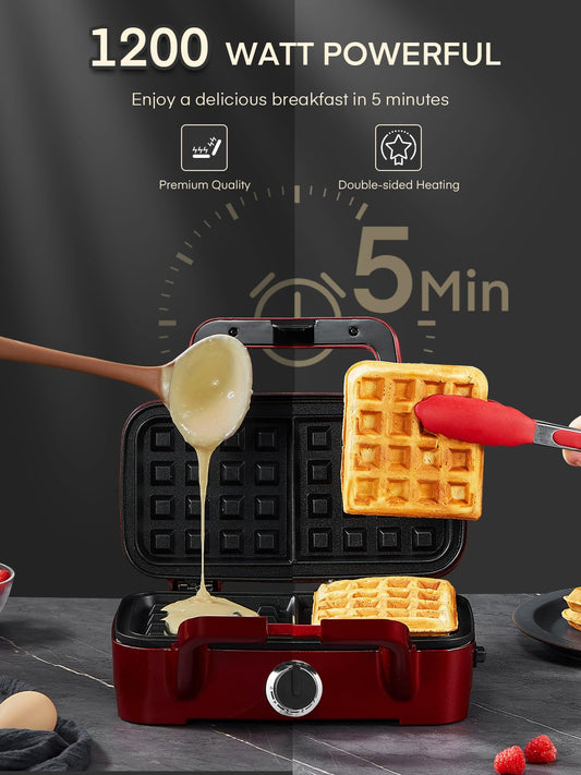 3 in 1 sandwich maker, 1200W waffle iron/contact grill/sandwich toaster, 5-level temperature control, non-stick plates, heat-insulated handle, dishwasher safe, LED lights, red.