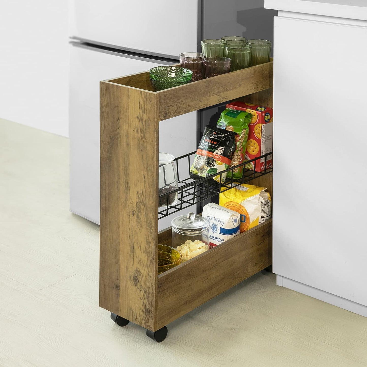 SoBuy BZR46-N Niche shelf with 3 levels Kitchen shelf with wheels Bathroom trolley Bathroom shelf Niche cart Organisation trolley Slim shelf Bathroom furniture Vintage Dimensions approx.: 20x70x60cm