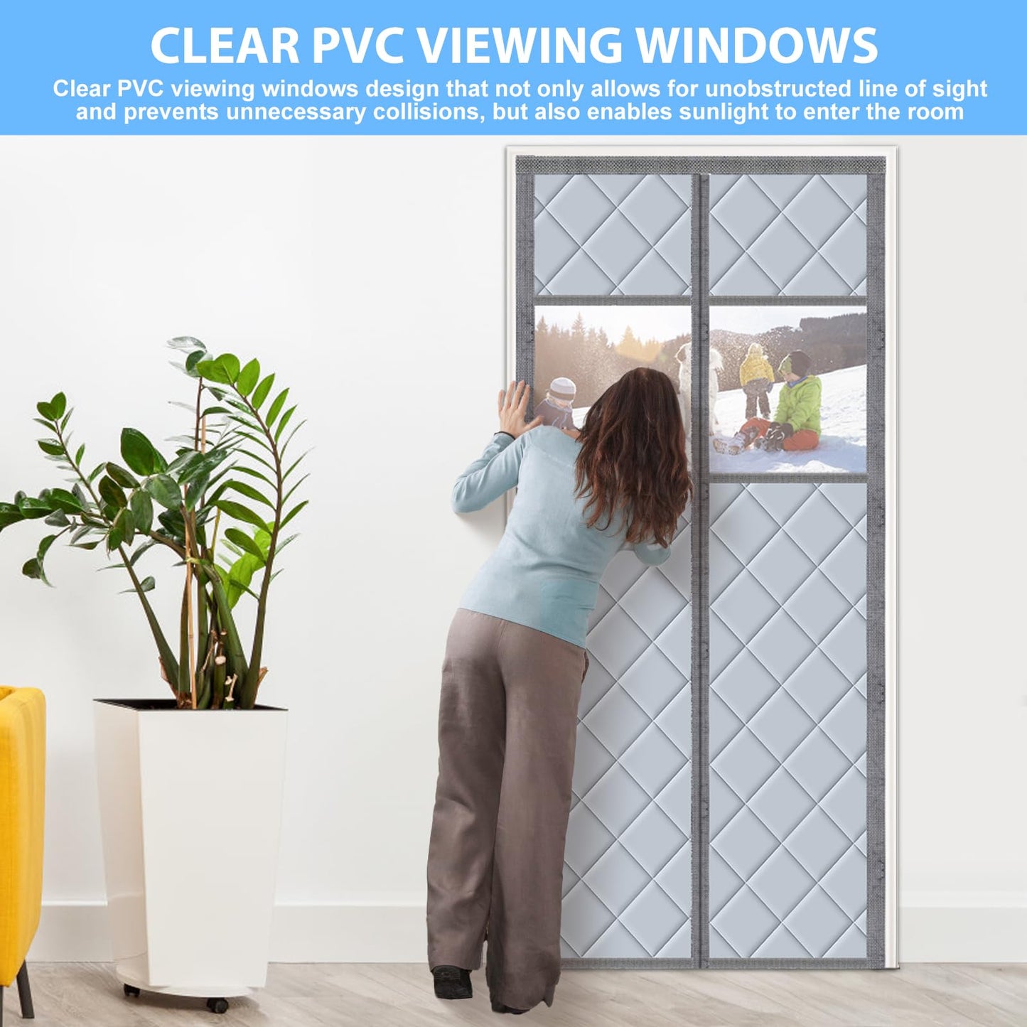 Magnetic thermal door curtain 90x210cm, no-drill thermo curtain for cold and heat protection. Waterproof, windproof, pet-friendly with a transparent window.