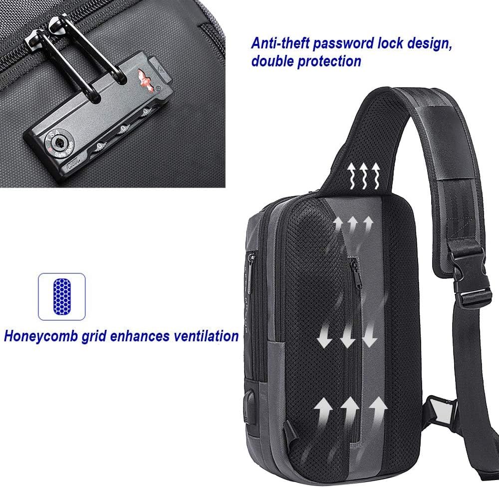McBecdy Anti-Theft Sling Bag Men's Chest Bag Crossbody Backpack Waterproof Shoulder Bag with USB for Work Travel Hiking (Black)
