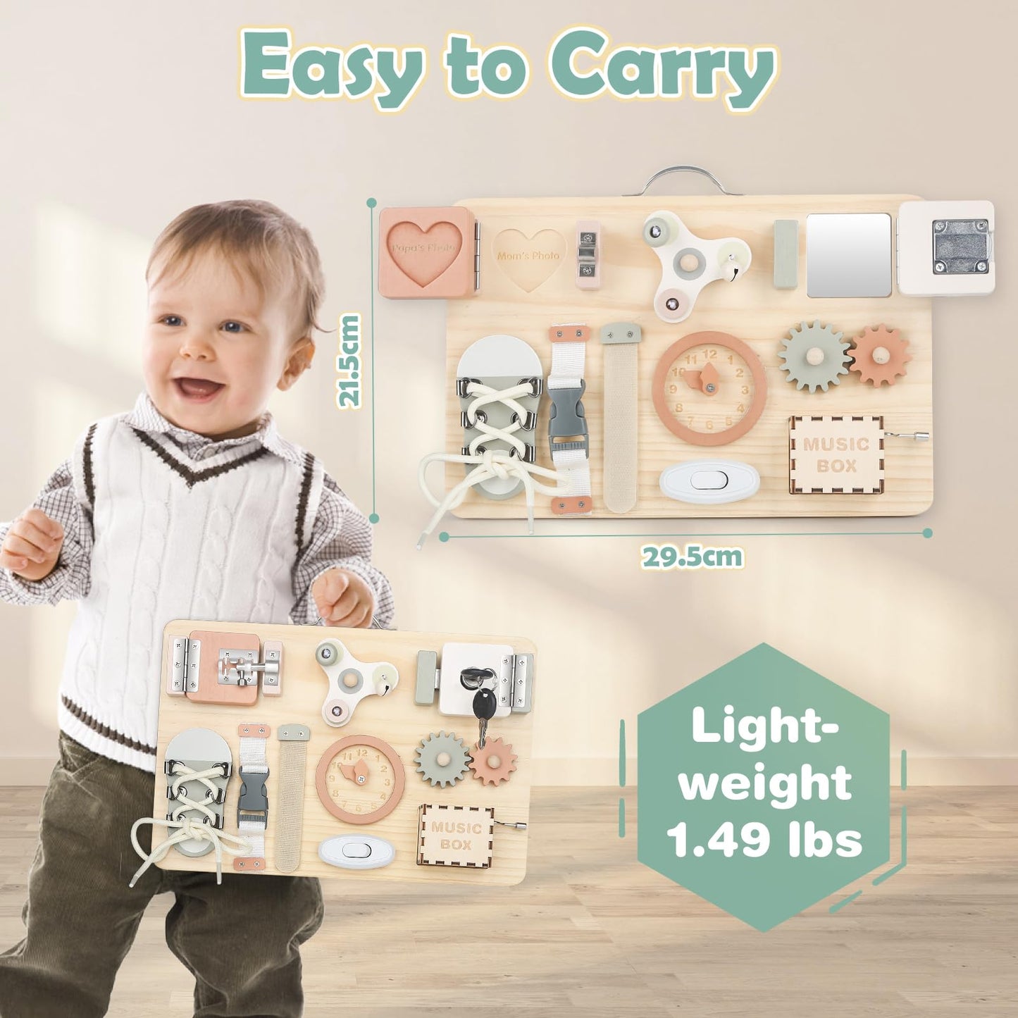 Joyreal Montessori Busy Board - Montessori Activity Board for Fine Motor Skills. Sensory Montessori Toy for Girls and Boys. Great Gift Idea.