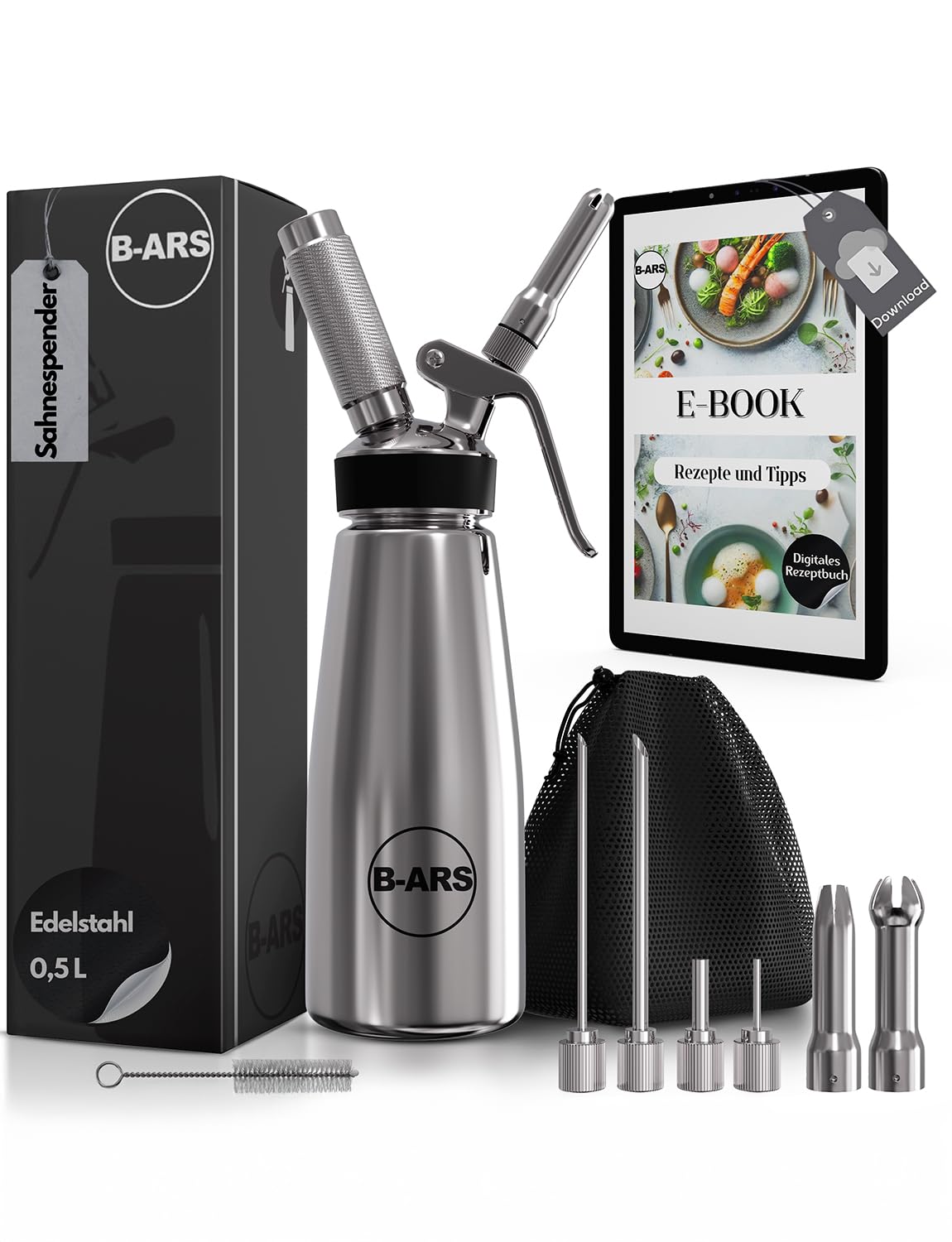 B-ARS cream dispenser stainless steel 0.5L for whipped cream espumas with accessories decoration nozzles injection needles cleaning brush storage bag recipe ebook cream spray bottle.