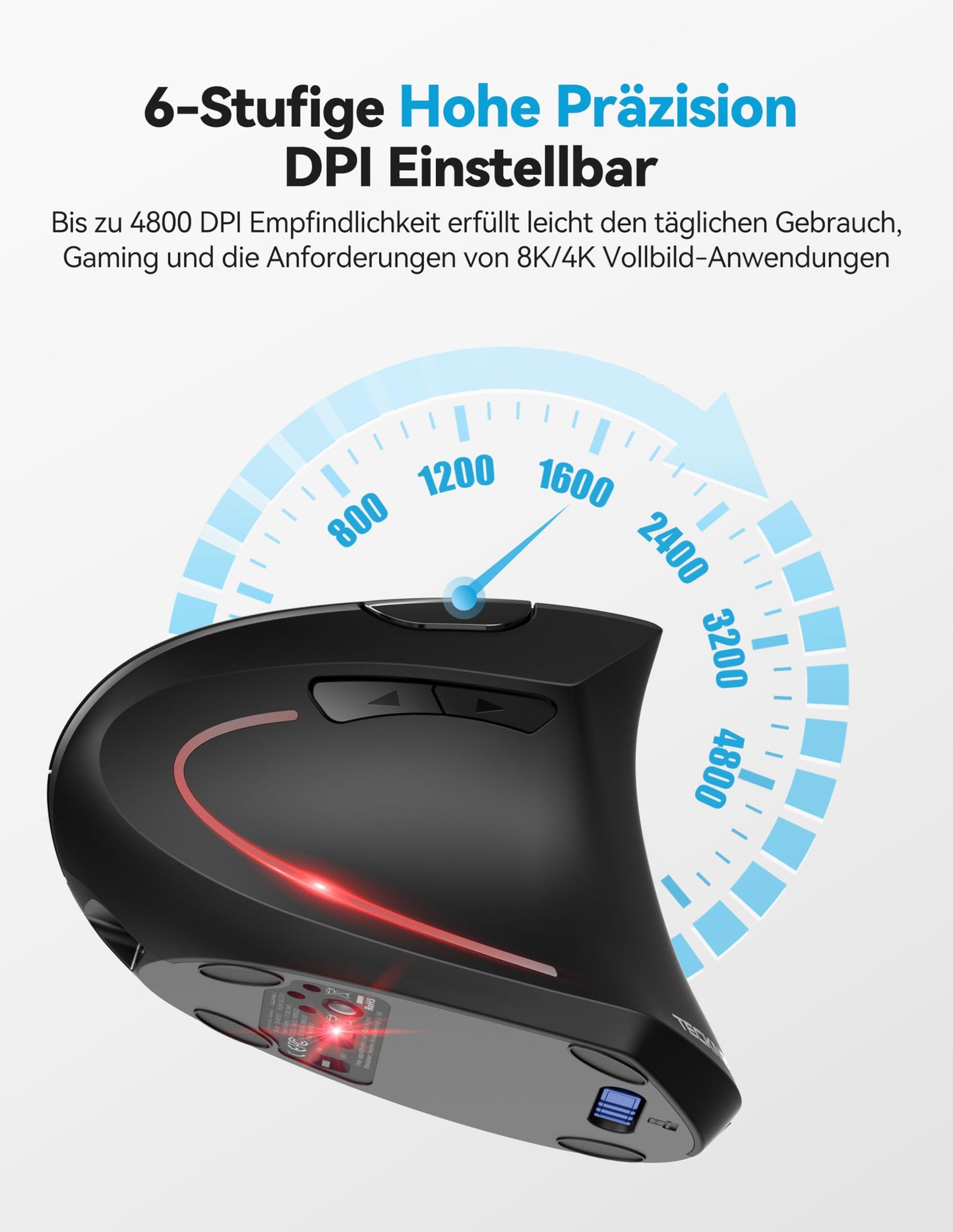 TECKNET Ergonomic Bluetooth Mouse, Rechargeable Wireless Vertical Mouse (BT 5.0/3.0 + 2.4G), 6 Adjustable Levels up to 4800 DPI, Optical Silent Wireless Mouse with USB-A Receiver, Wide Compatibility
