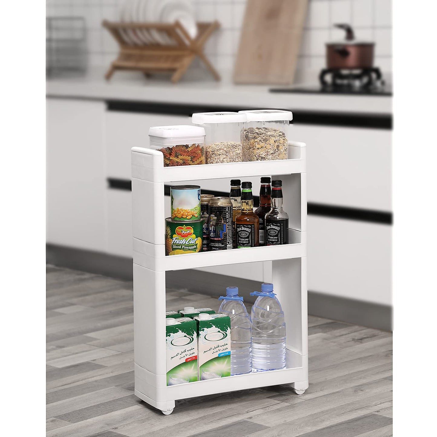 SONGMICS narrow gap storage cart with 3 shelves, niche cabinet on wheels for kitchen, bathroom, basement, KFR09WT, white, 45 x 17 x 68.5 cm