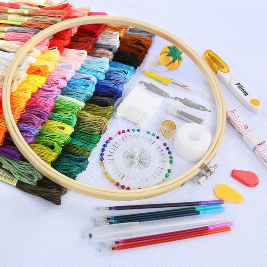 Embroidery kit with instructions, 5 bamboo hoops, 100 embroidery threads, 3 Aida cloths, and cross-stitch tool set for sewing. Suitable for adults.