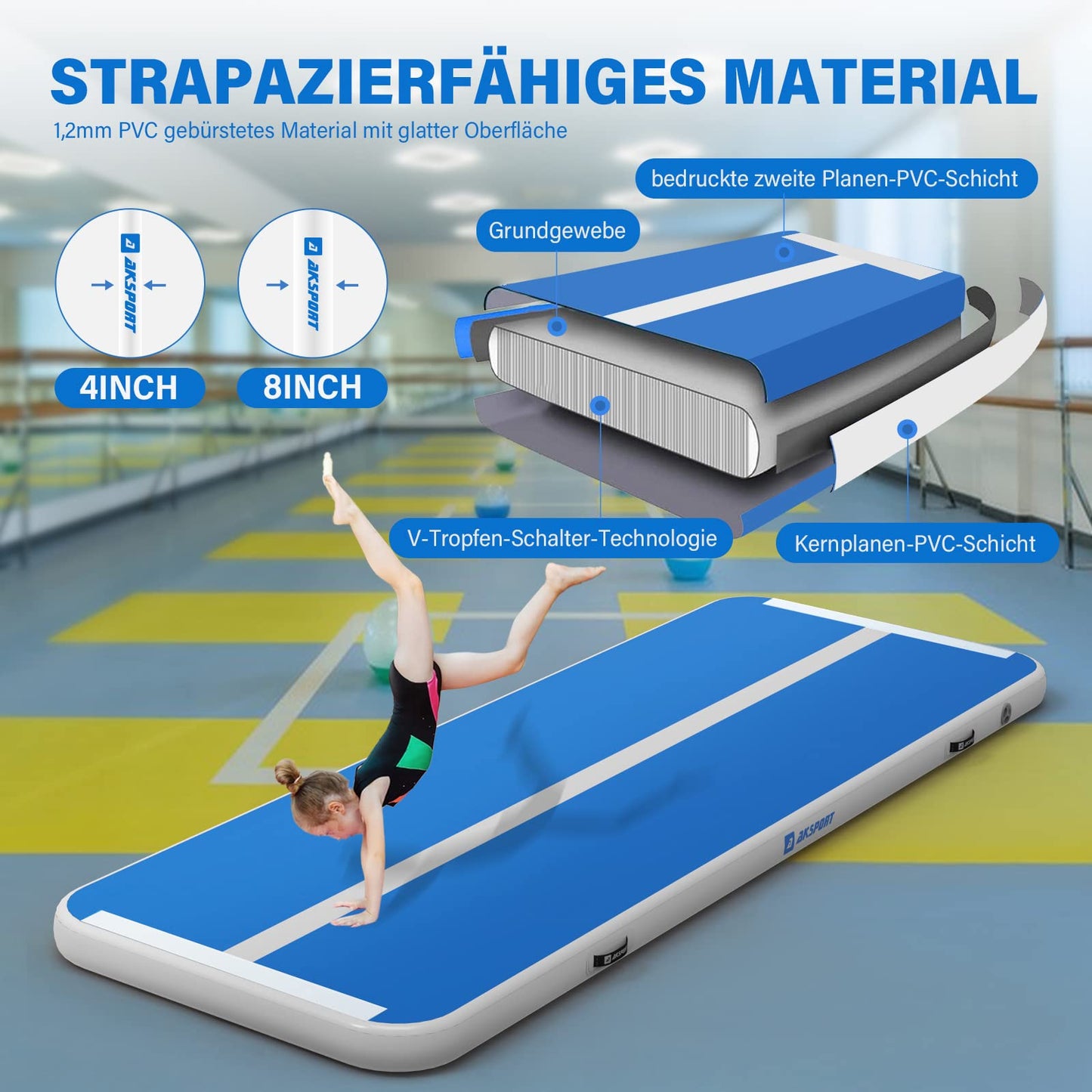 AKSPORT Air Track Tumbling Mat, 3/4/5/6m Inflatable Gymnastics Mat 10/20cm high with air pump for home/tumbling/gym/training/cheerleading double blue