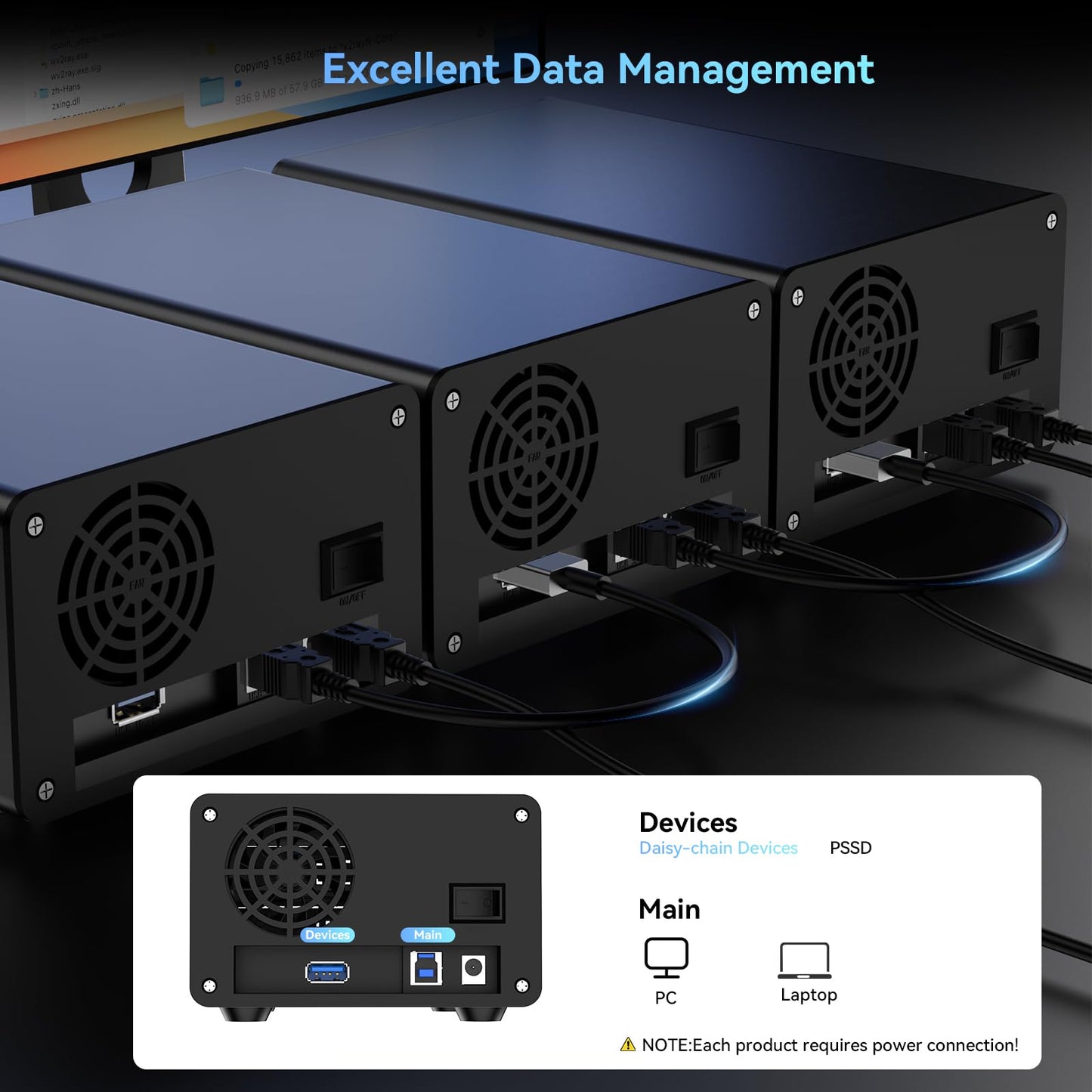 CENMATE Aluminum External Hard Drive Enclosure with Two Bays, Fan for 2.5"/3.5" SATA HDD/SSD with USB A/C 3.0, Tool-Free, Daisy Chain Expansion, DAS (NO RAID/NAS).