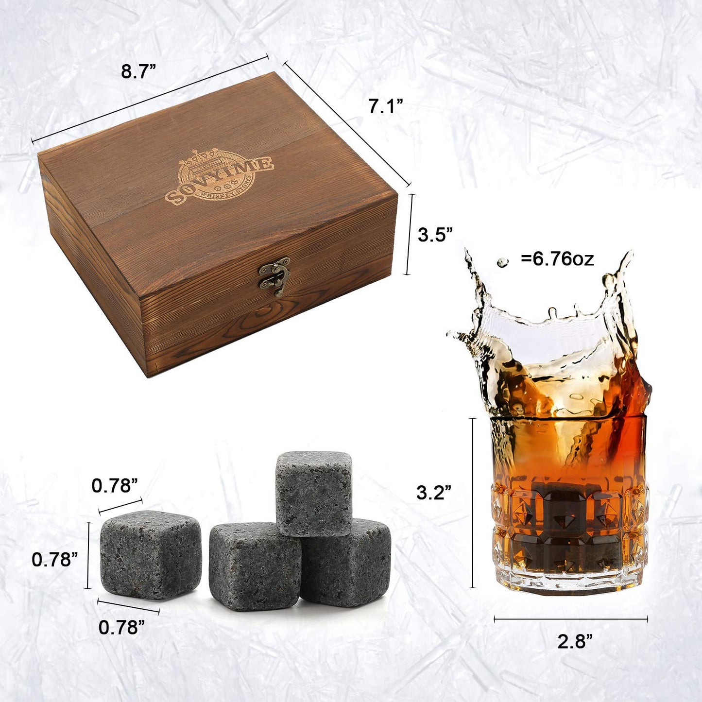 Whiskey Stones Whiskey Glasses, 2 glasses, 8 granite whiskey ice cubes, wooden gift box, gift for whiskey lovers/men/Christmas/birthday/Father's Day (310ml)