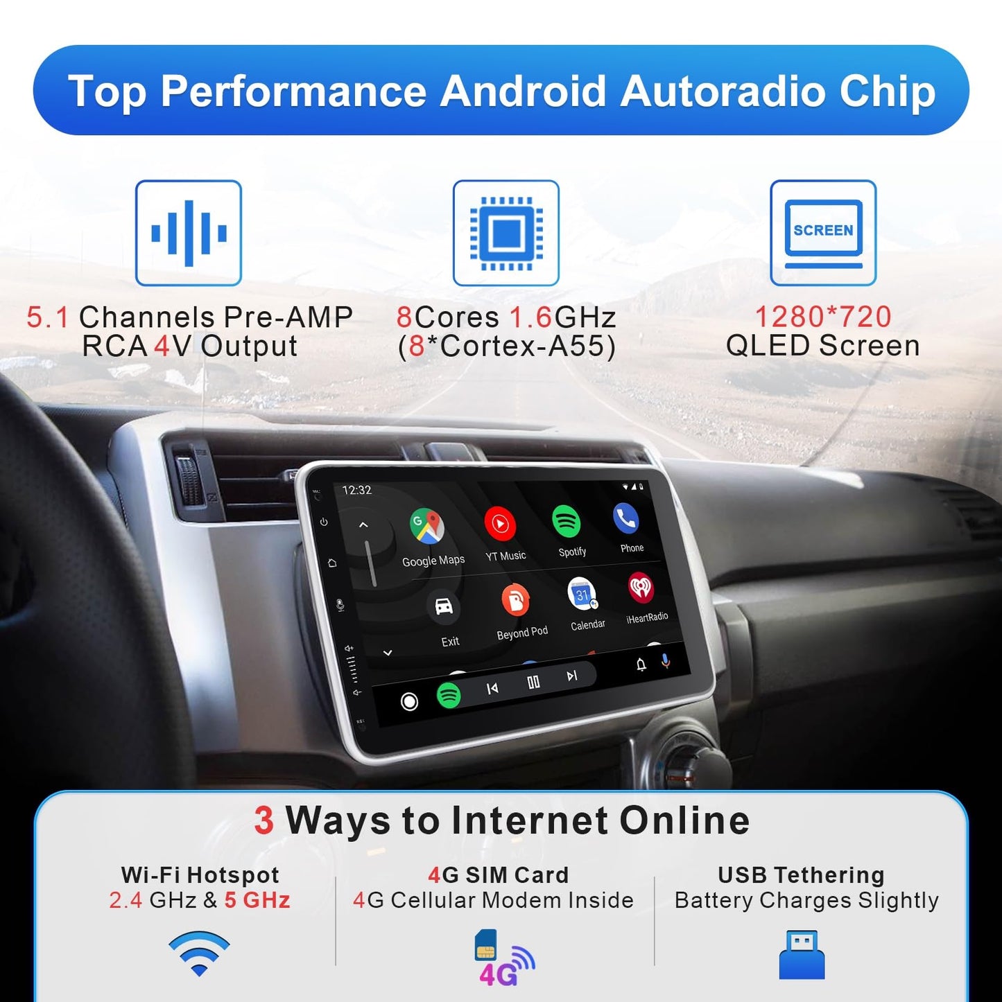 Android 12 car stereo with navigation 10.1 inch screen Built-in DAB+ Wireless Android Auto & Wireless Carplay 1 Din car radio Touch Display with Bluetooth 8 Core 2G+32G WiFi 4G GPS RDS AM Rearview camera