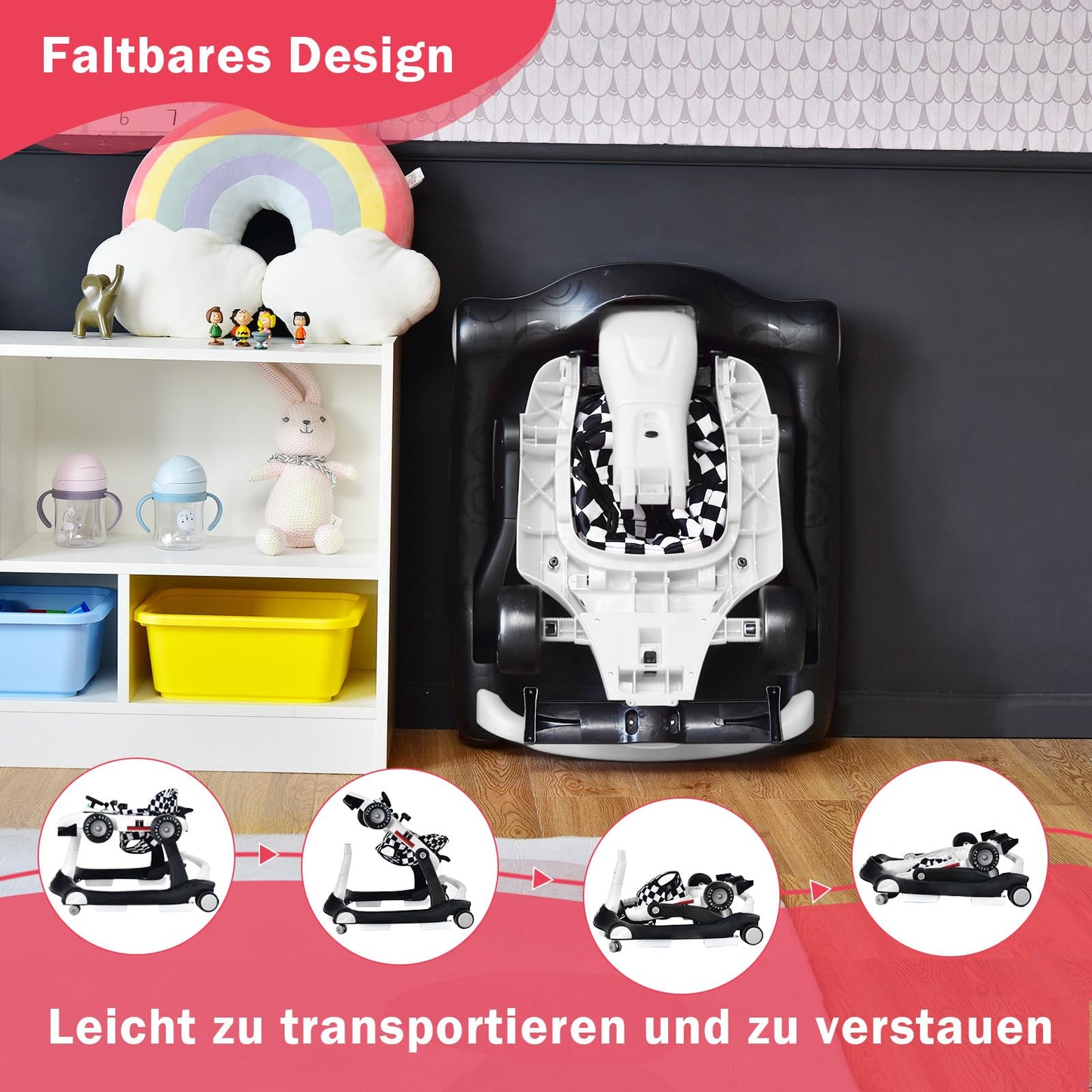 COSTWAY 4 in 1 Baby Walker, foldable with adjustable height & speed. Features music box, lights, and wheels. Suitable for babies from 6 months old, can hold up to 12kg. Color: White.