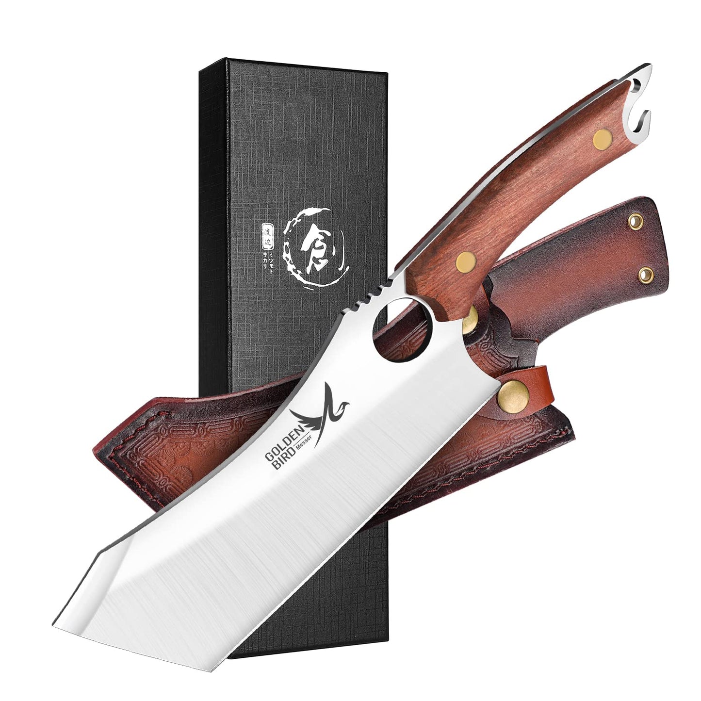 Golden Bird Japanese knife Full Tang Chef Knife Professional knife Forged in fire Sharp kitchen cleaver with sheath Gift box Bottle opener Cleaver Kitchen knife for outdoor camping