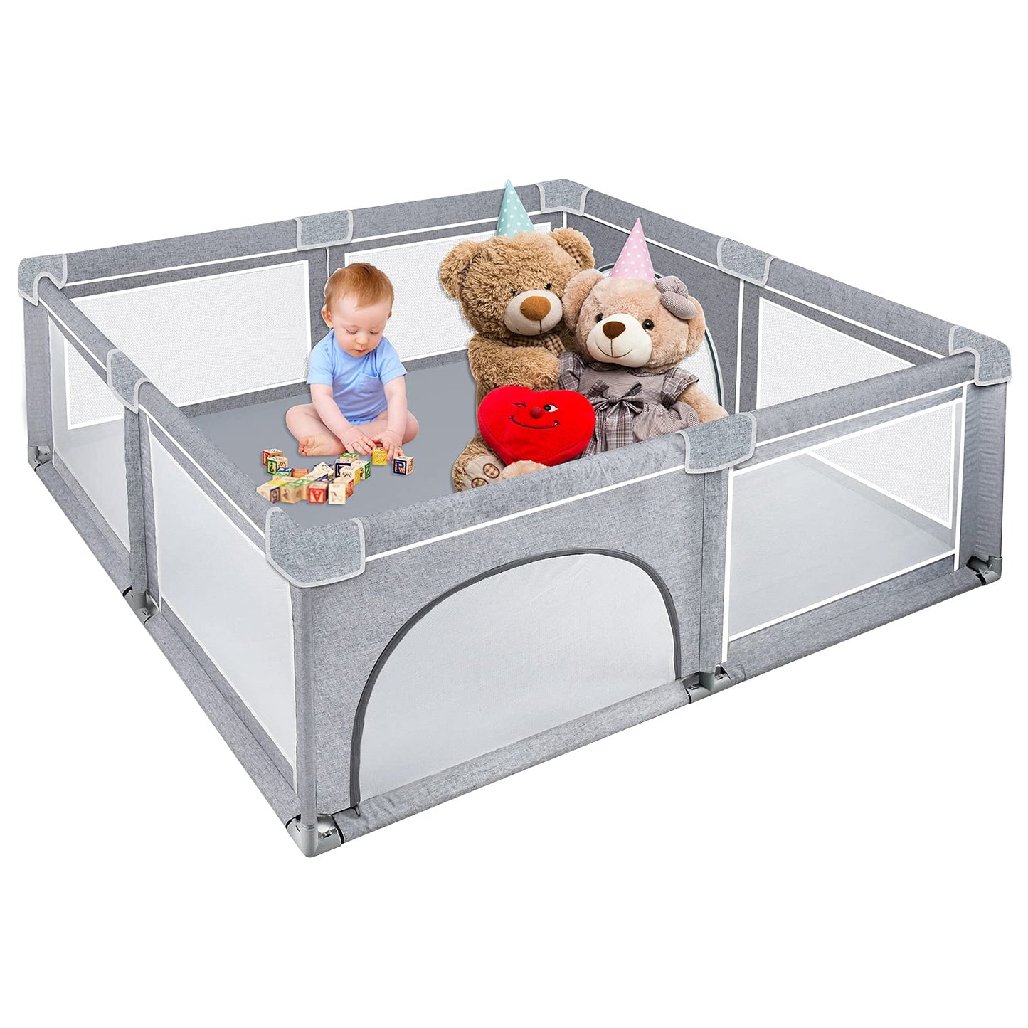 NAIZY Baby Playpen XXL Playard Gray Safety Gate with Non-Slip Base and Breathable Mesh for Children Indoors and Outdoors (200 * 180 * 68cm)