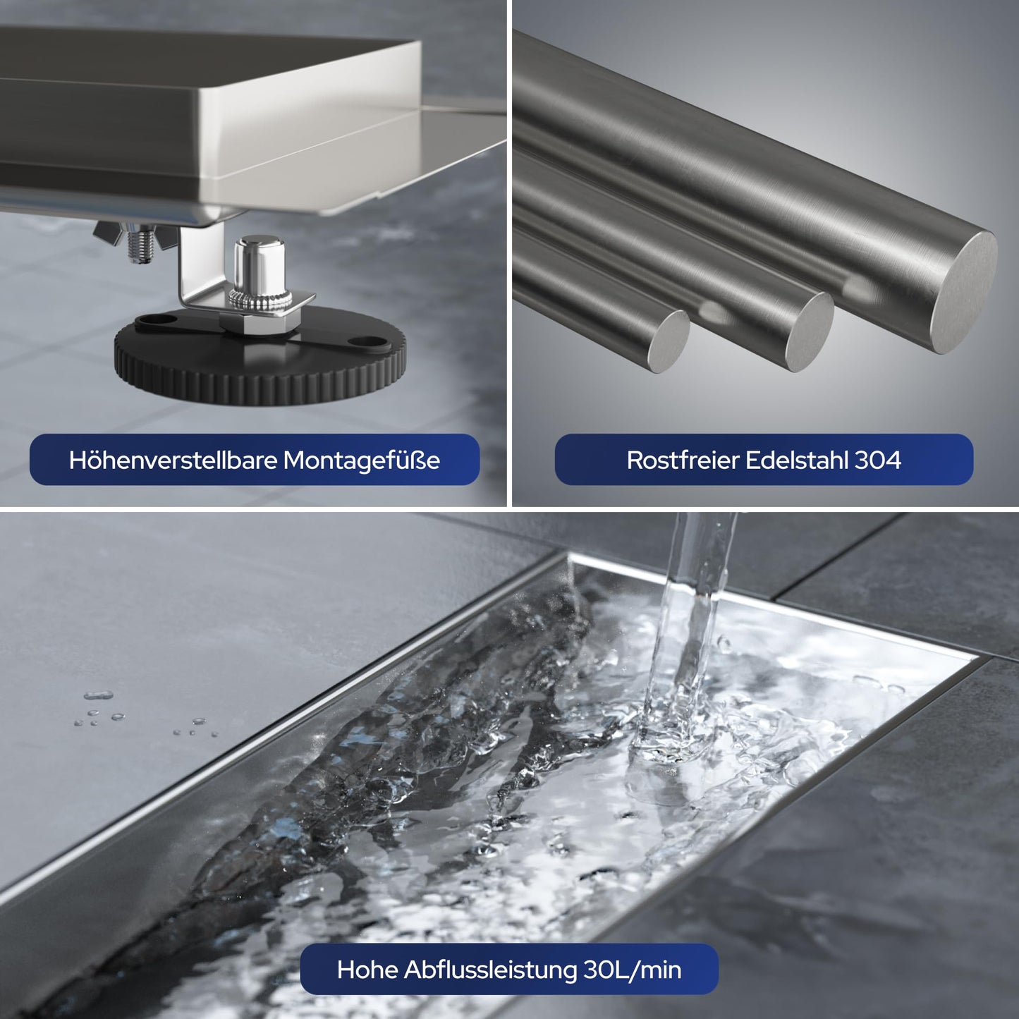 VILSTEIN Shower Drain 50cm, Stainless Steel Floor Drain Complete Set, extra flat, Siphon with odor trap, Hair Sieve - Wave