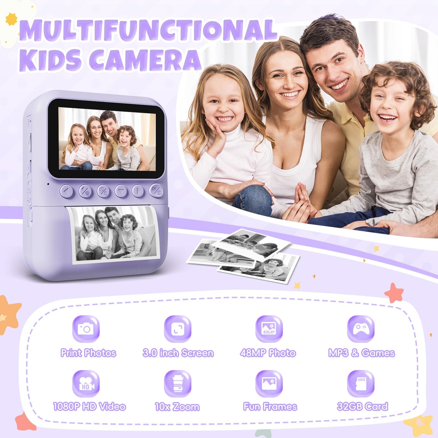CalineGam instant camera for kids, 3.0 inch screen 48MP kids camera instant camera with 32 GB card, 1080P HD camera kids instant print, gift for 3-12 boys and girls.