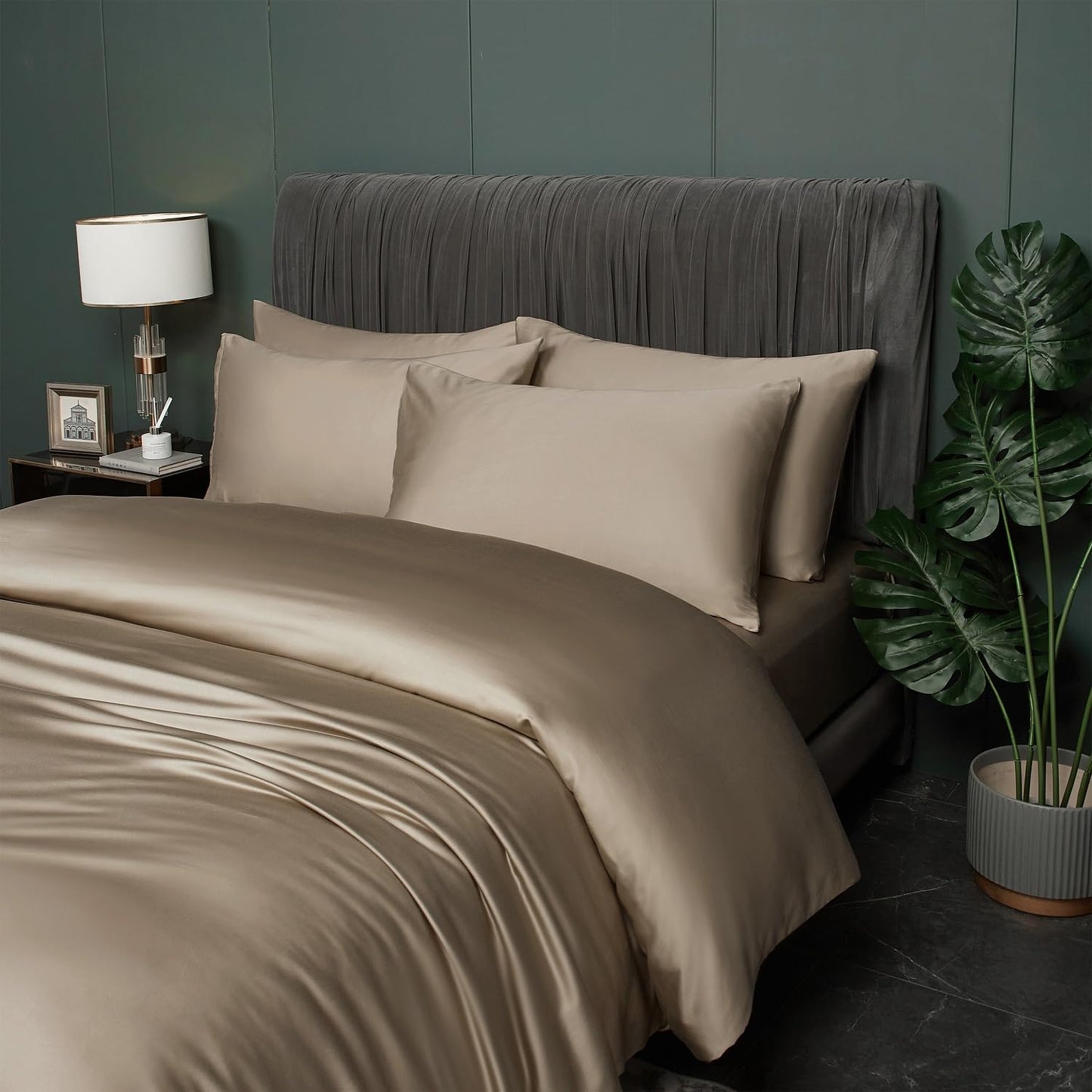 Luofanfei Bamboo Bedding 220x240 cm Gold Khaki Summer Cooling Solid Bamboo Lyocell Shiny Bedding Set Breathable Bamboo Luxury Duvet Cover and Pillowcases 80x80 cm with Zipper