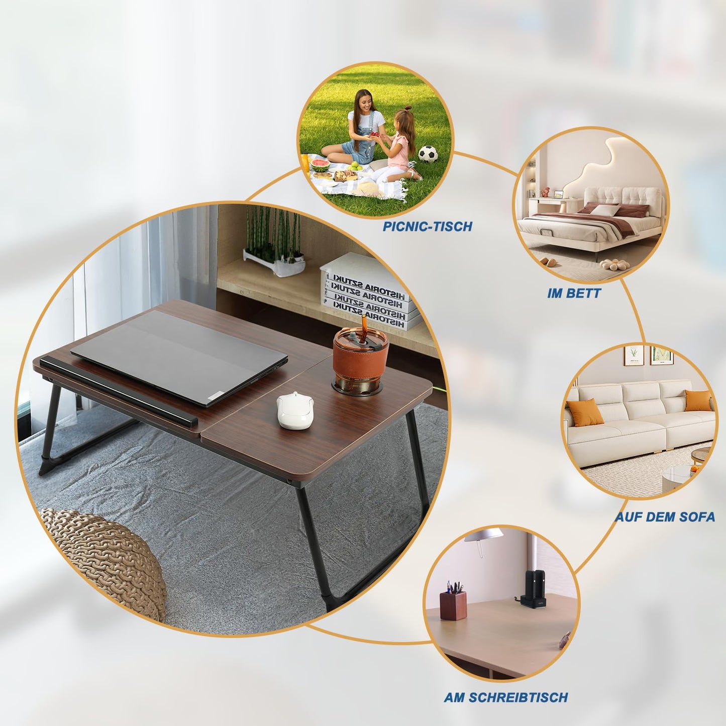 Laptop table for bed, EDWINENE bed tray Foldable Adjustable Laptop Table for Couch, Laptop Bed Desk with Drink Holder, Folding Table for Working Studying Reading Eating (Brown)
