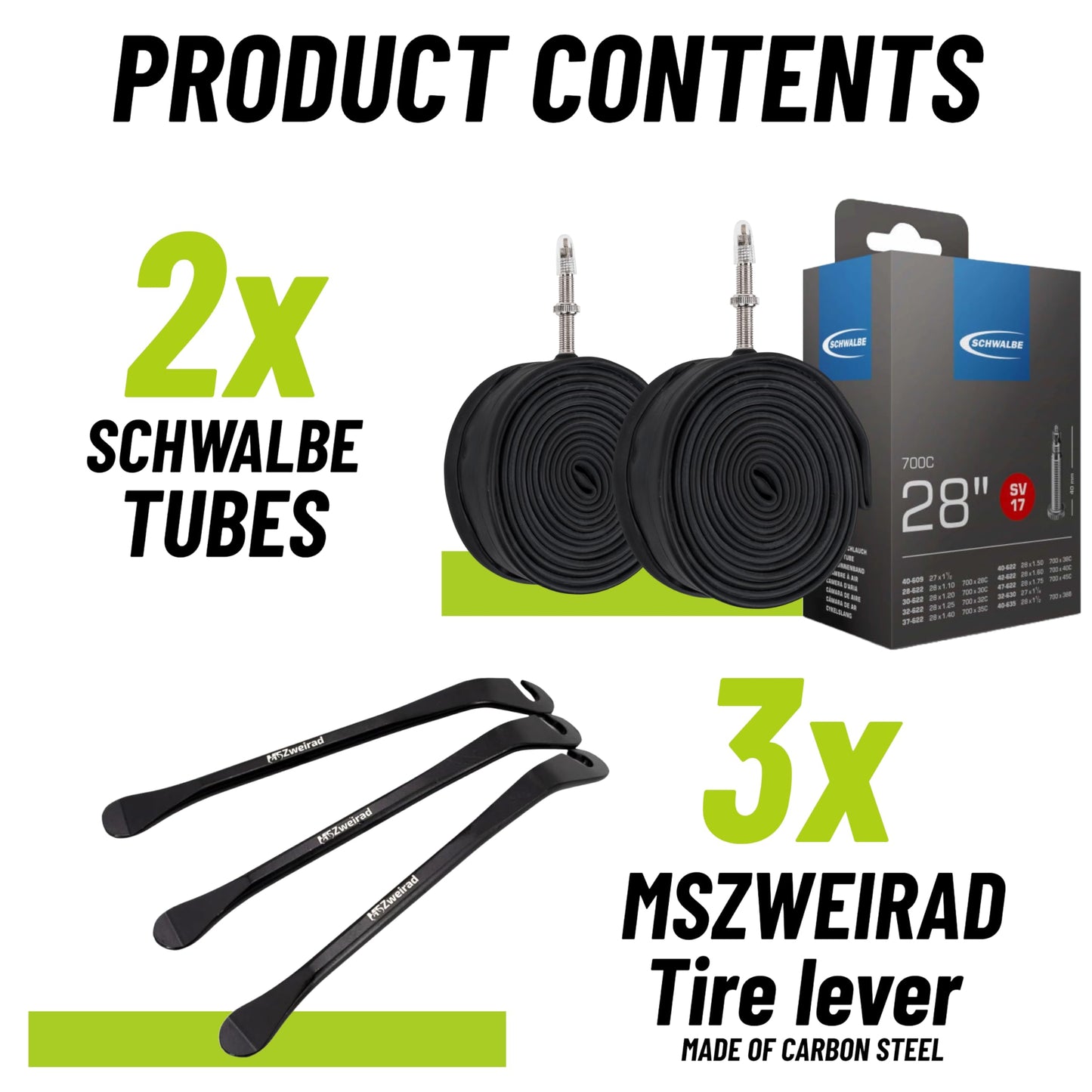 2-pack Schwalbe bicycle tube SV17 40mm 28 inch (28/47-622/635) including 3 MSZweirad tire levers