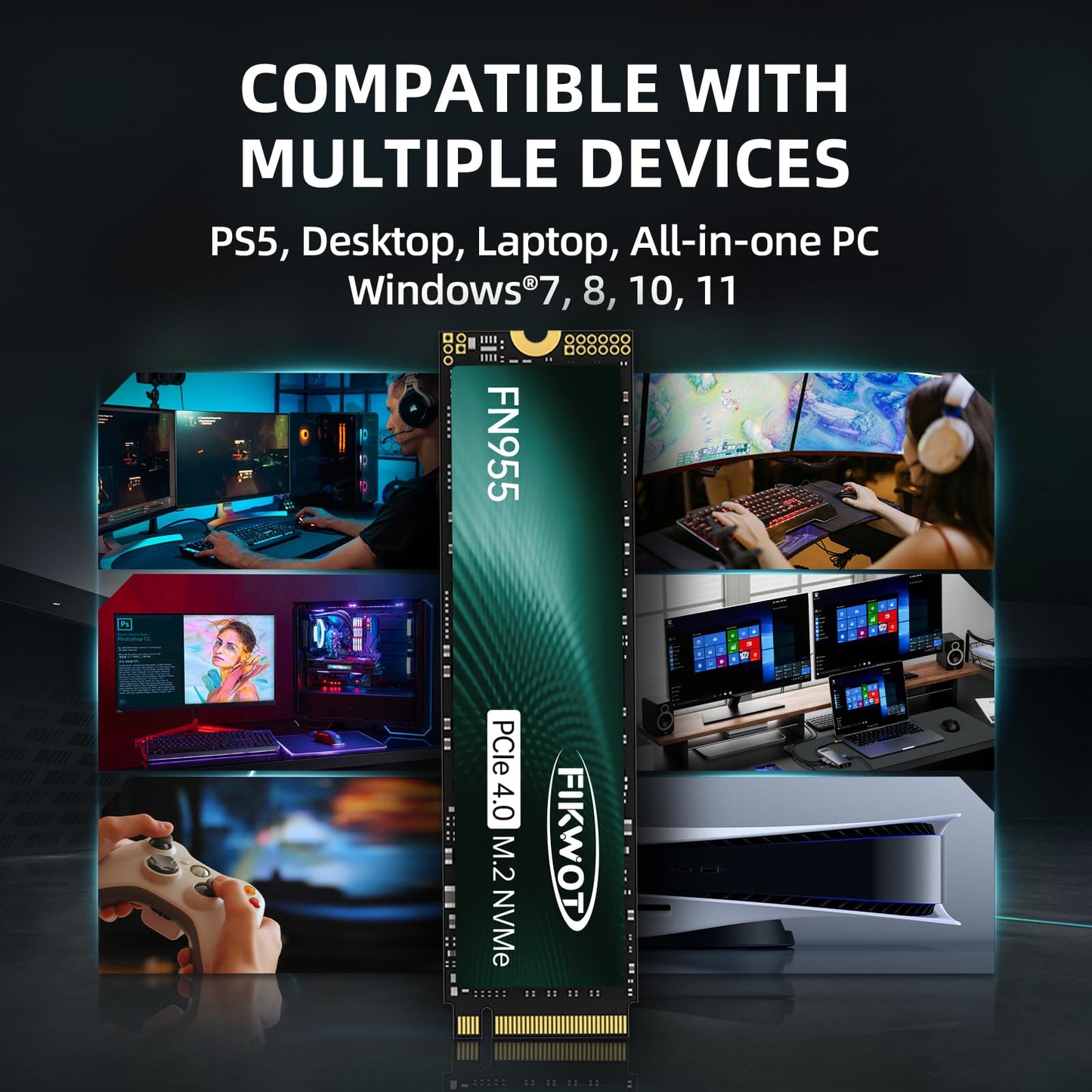 Fikwot FN955 2TB M.2 PCIe Gen4 Internal Solid State Drive with Graphene Thermal Conductive Adhesive - Up to 7350 MB/s, Dynamic SLC Cache, Compatible with laptops and PC desktops.