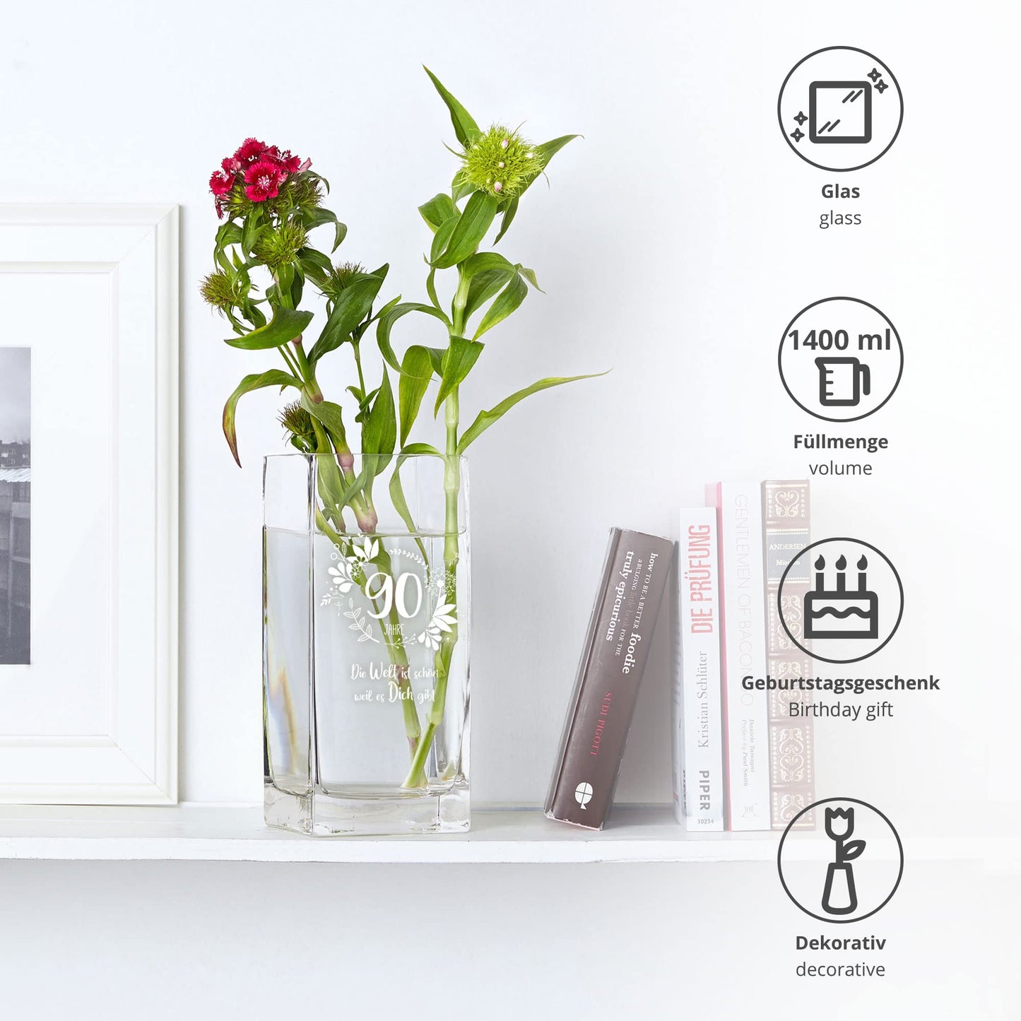 Casa Vivente vase for 90th birthday with sweet engraving. Square glass vase with age and saying as birthday gift for women. Flower vase for modern decoration.