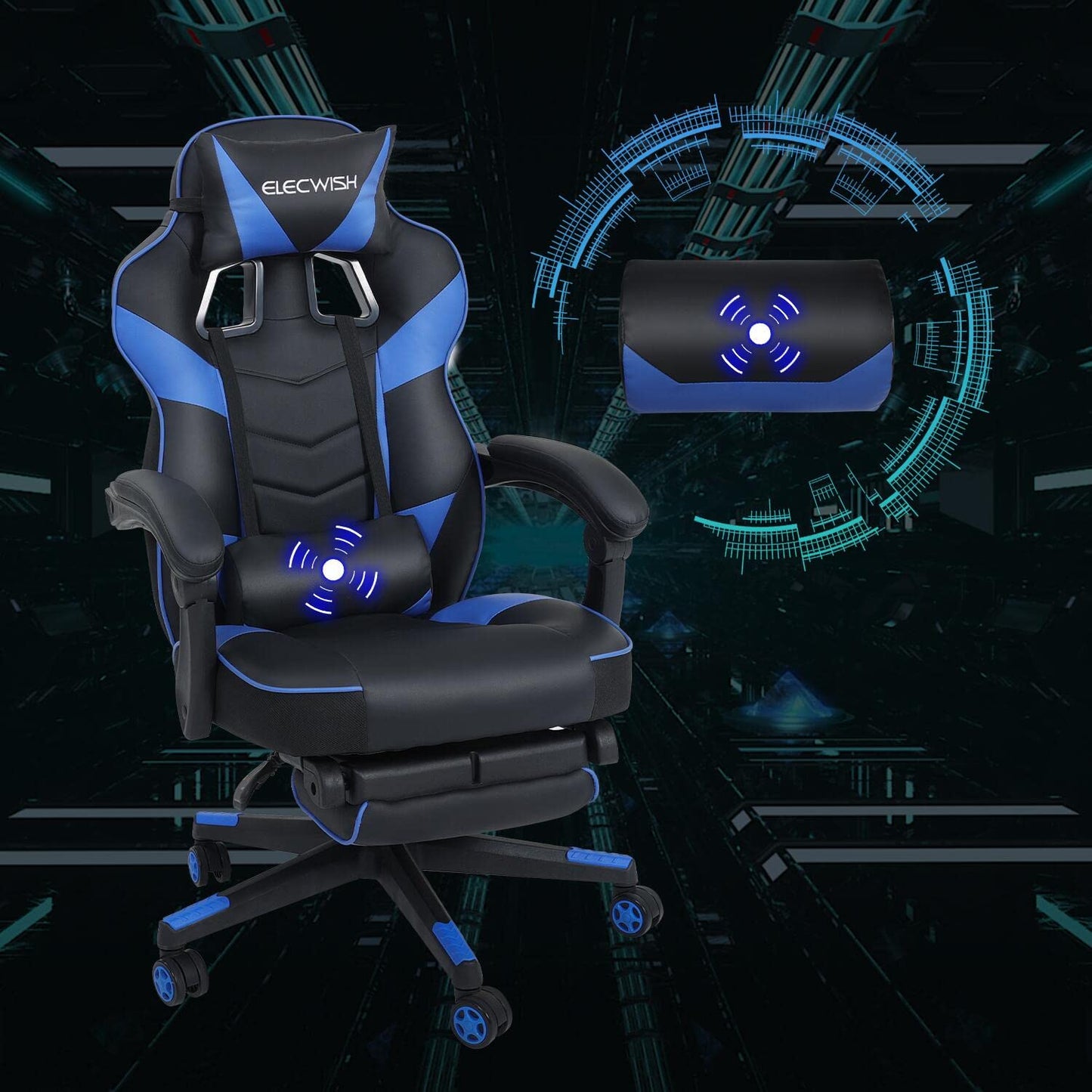 Puluomis Gaming Chair with Footrest, Racing Style, PC Chair, Swivel High-Back, Adjustable 90-150° Recline, Detachable Headrest, Lumbar Pillow, Ergonomic Design, Blue.