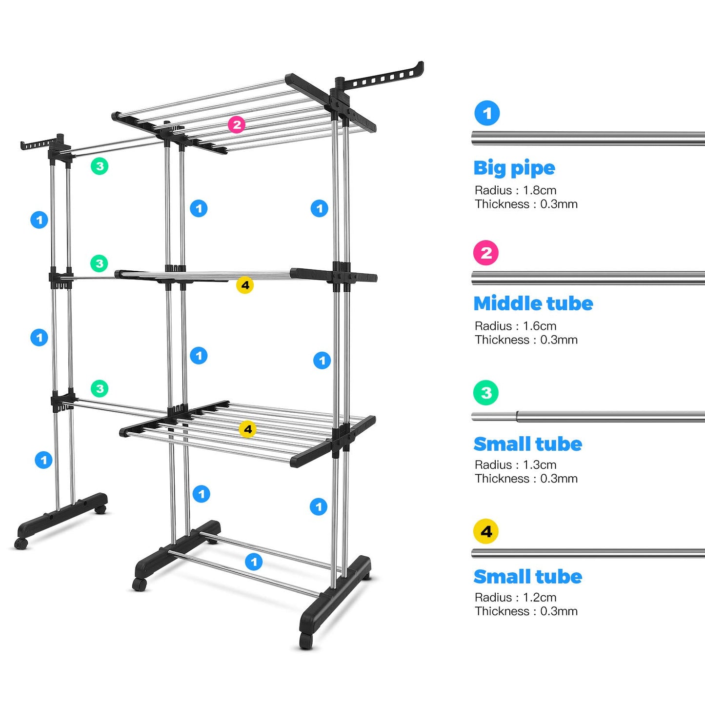 johgee 2 in 1 laundry rack tower, extendable length 66-130 cm, with 6 foldable wings on 3 levels, foldable drying rack for large families