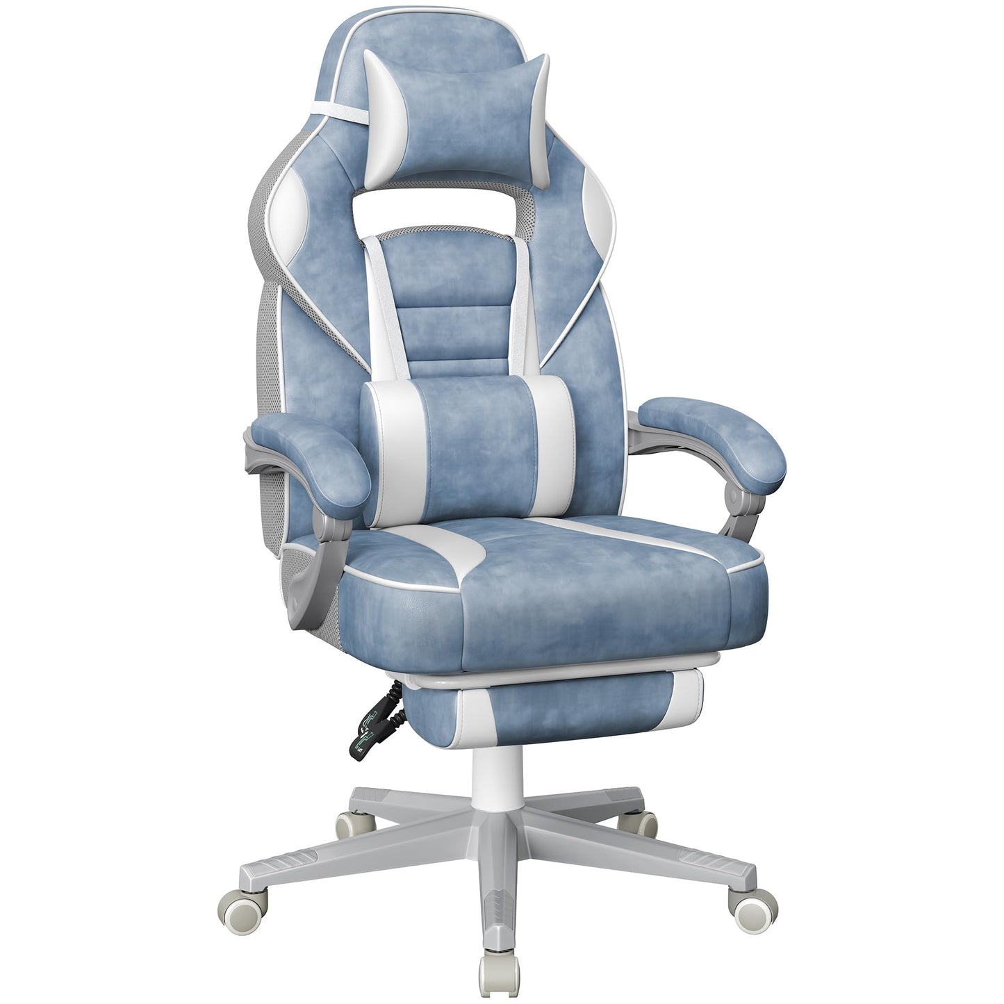 SONGMICS Office Chair with extendable footrest, headrest, lumbar support, adjustable height, ergonomic design, tiltable backrest, and weight capacity up to 330 lbs, sea blue-cream white OBG073Q01.