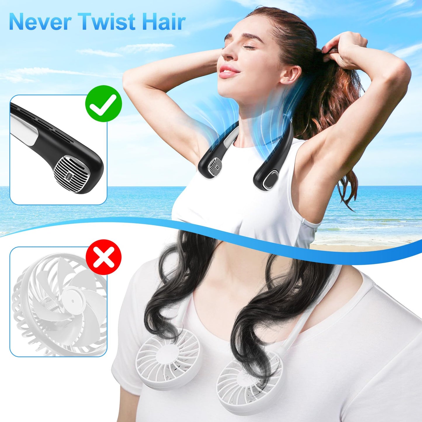 USB Fan Neck Battery Quiet Strong with LCD, Neck Fan Portable Small 5 Levels 360° Adjustable, Neck Fans Rechargeable Mini Neck Fan for On the Go Travel Camping Office Black