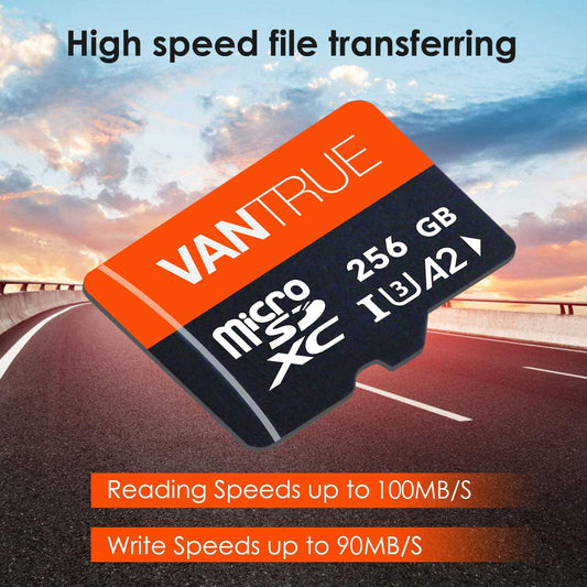 VANTRUE 256GB microSD card, UHS-I U3 4K, with adapter, compatible with dashcams, smartphones, tablets, action cameras, and surveillance cameras (256G)