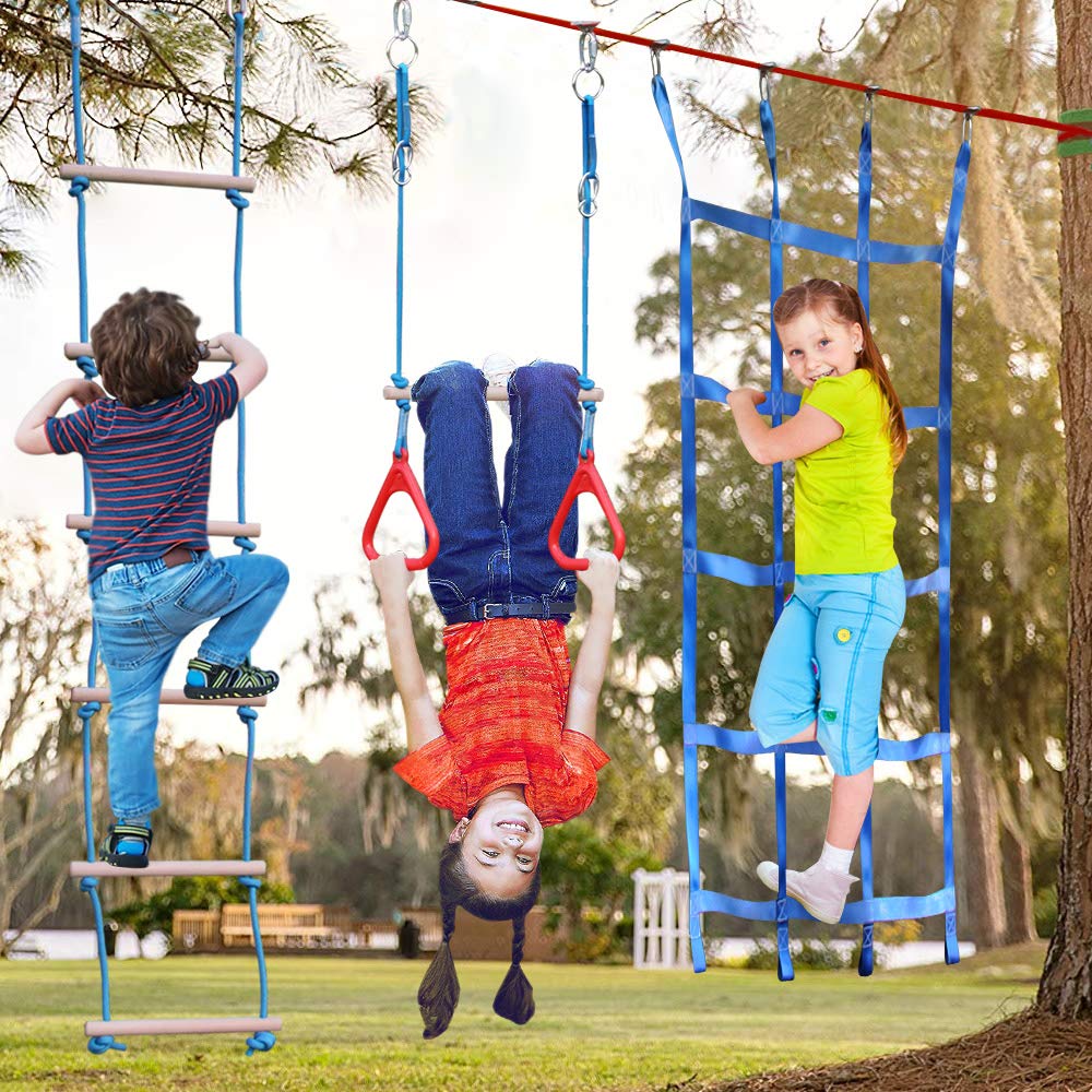 Dripex Slackline for Kids, 2×20m Ninja Slackline and Ninja Warrior Obstacle Course for Outdoor Garden, Ninja Course for Kids with Swing, Climbing Ladder, Climbing Net, and Tree Protectors, suitable for beginners.